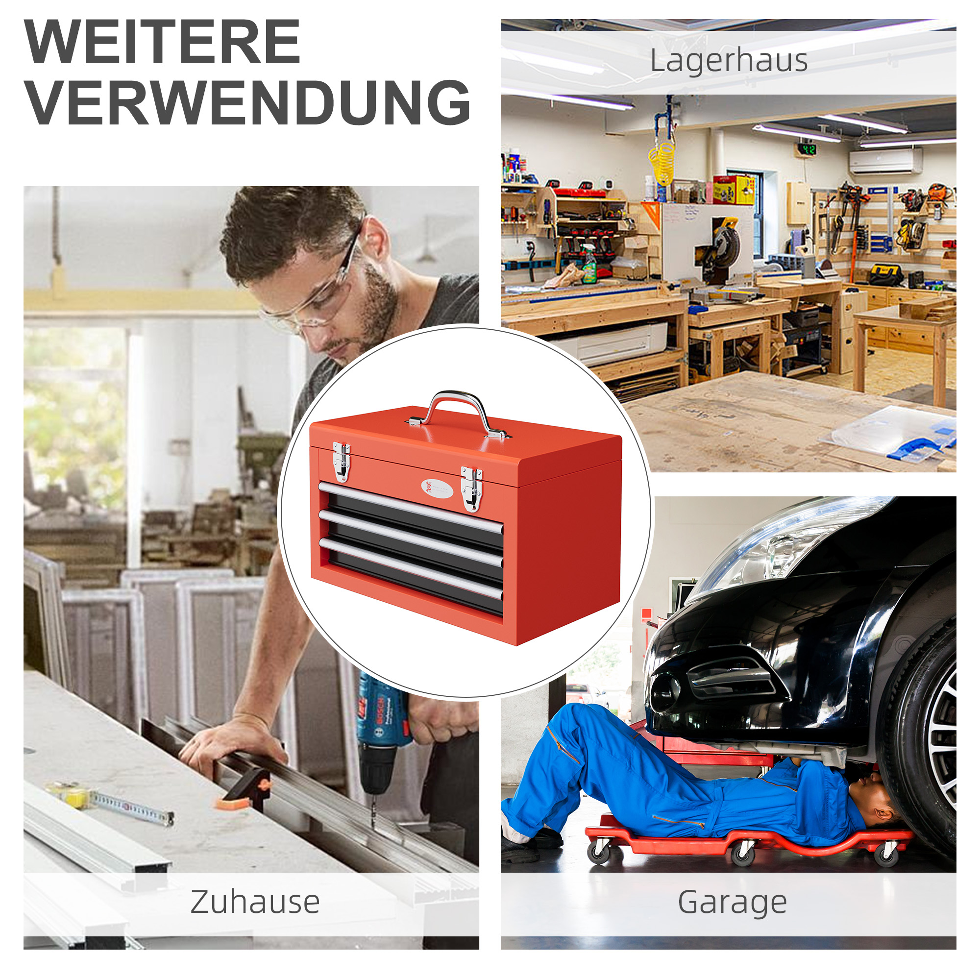 Werkzeugkiste mit 3 Schubladen, 1 Fach, stabile Stahlverschlüsse, 45 x 24 x 27 cm, Rot