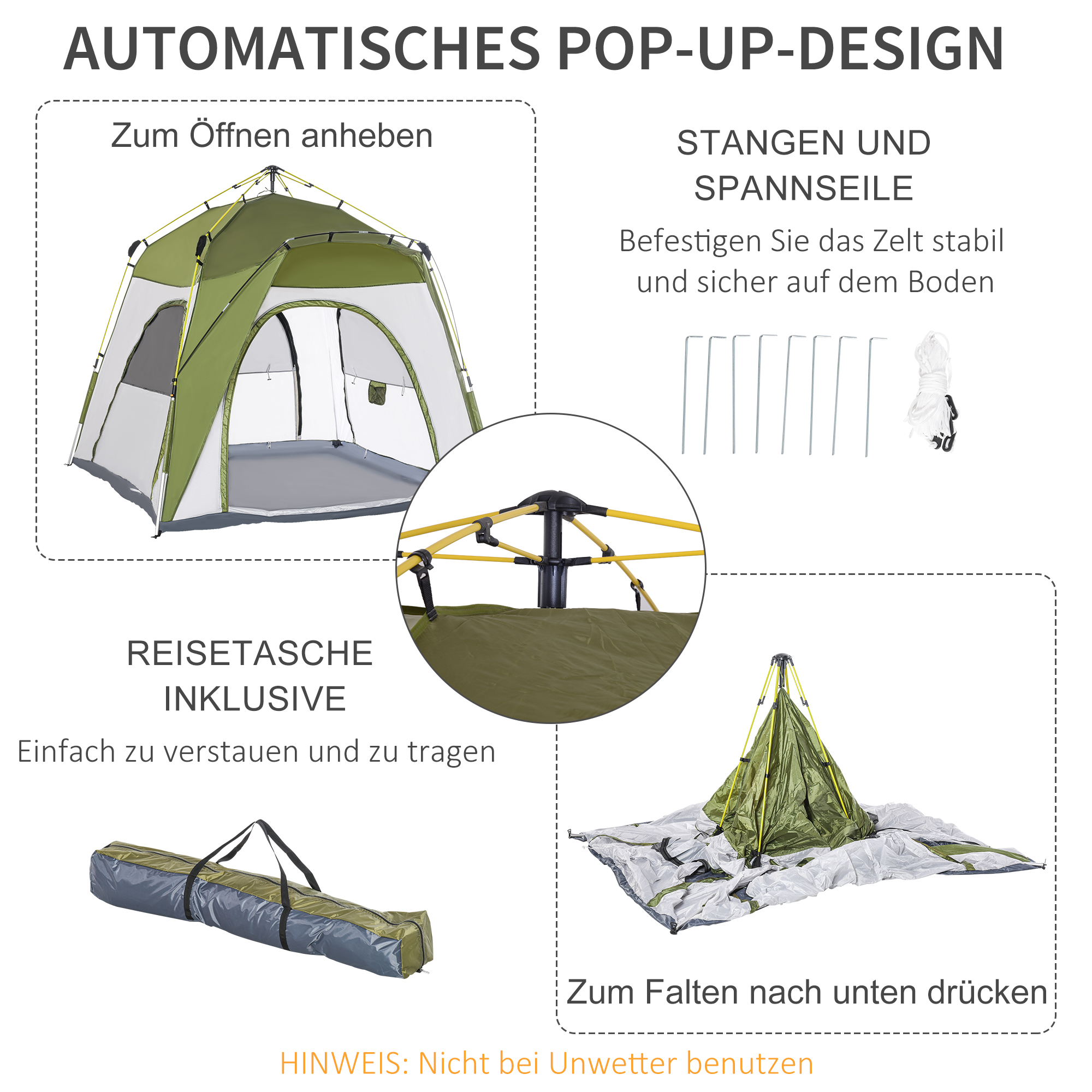 Pop-up-Zelt Automatischer Aufbau Wetterfest Hydraulischer Druckmechanismus 240 cm x 240 cm x 199 cm Grün+Grau