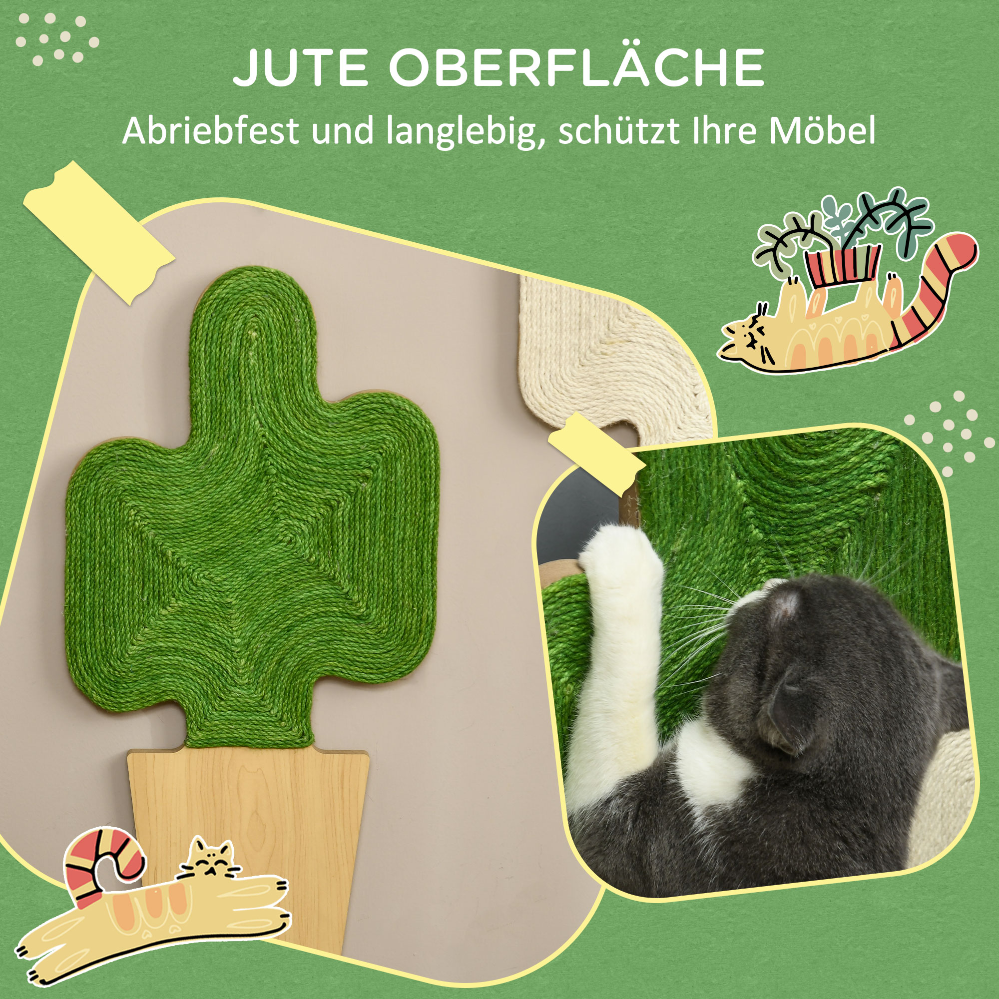 2er-Set Kratzbäume Kratzstämme, Kakteen-Design zur Befestigung an der Wand, 30 cm x 60 cm, Eiche+Weiß+Grün