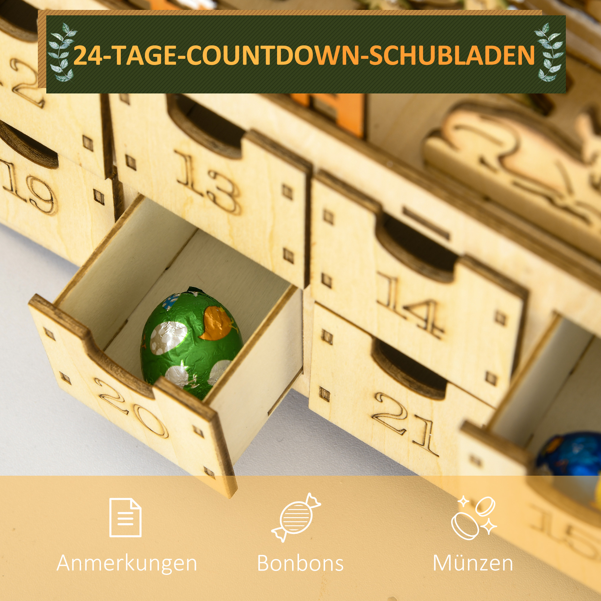 Adventskalender zum Befüllen 24 Schubladen Fächer Weihnachtskalender mit LED-Lichtern Naturholz 36 x 9 x 52 cm