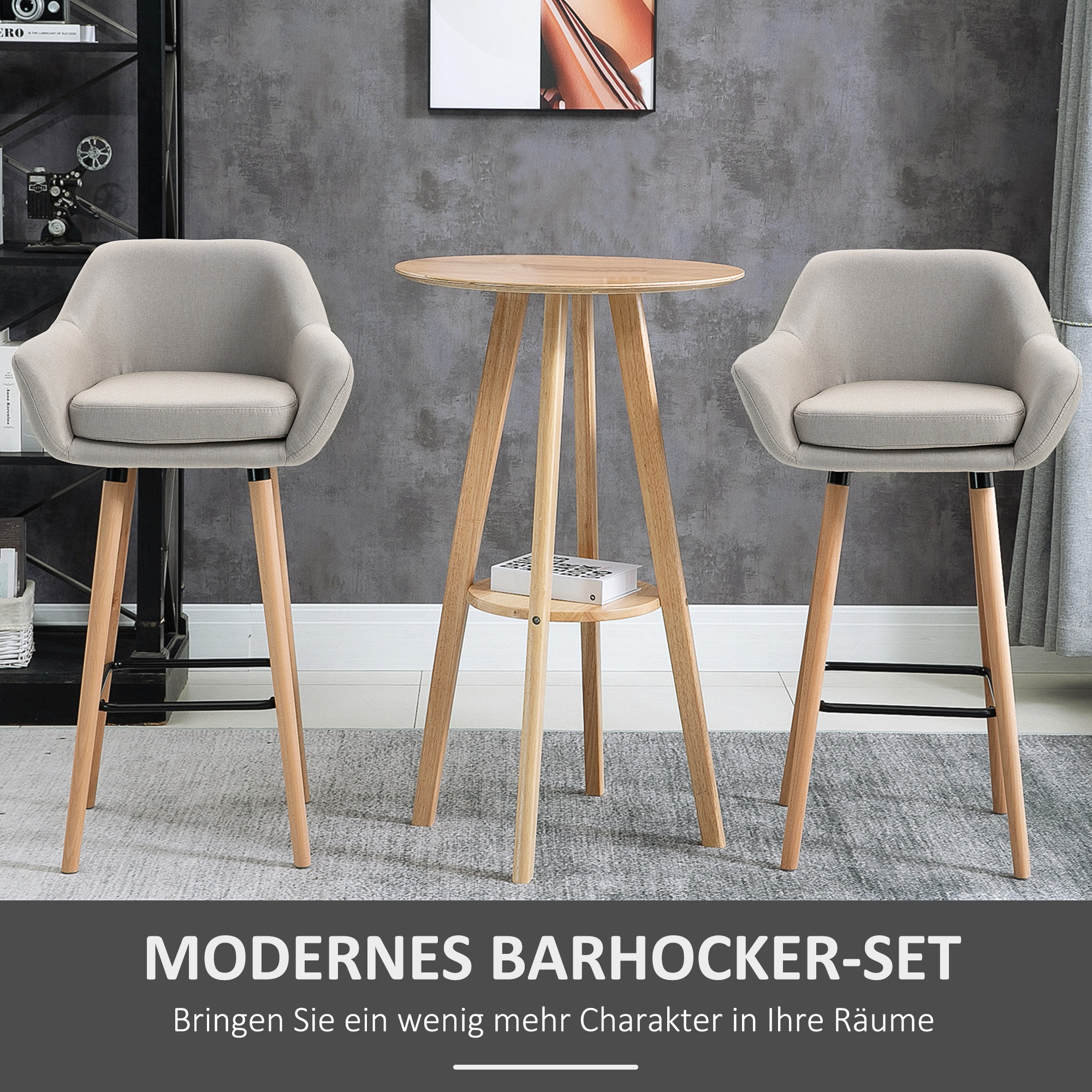 2er-Set Barhocker, inkl, Fußstütze, Massivholz, 55 cm x 48c m x 100 cm,  Beige