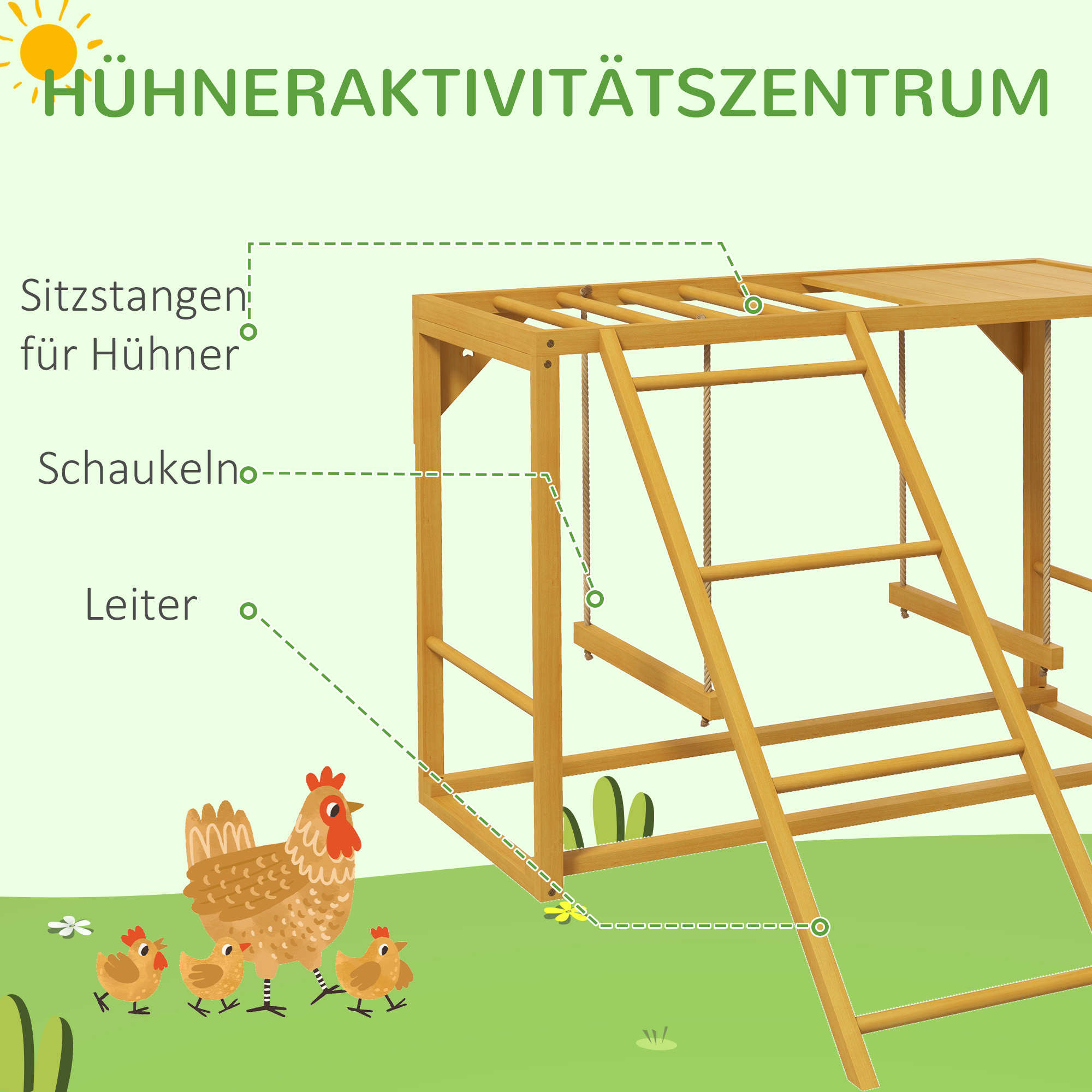 Hühner-Spielgerüst mit Schaukeln und Leiter, für 3-4 Hühner, Hühner-Klettergerüst aus Holz