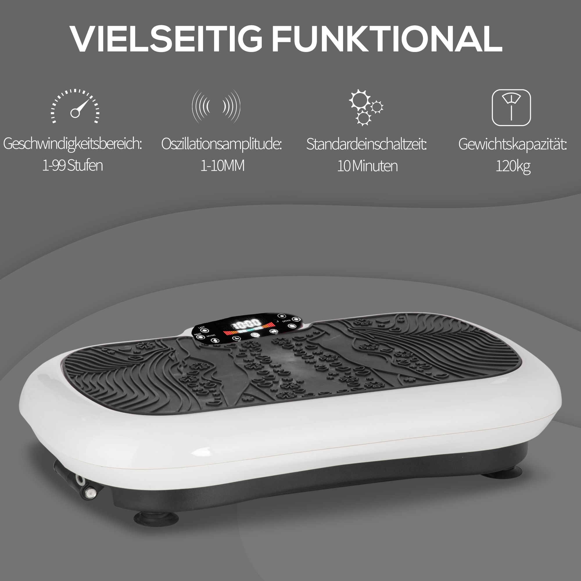 Vibrationsplatte mit 99 Stufen, 2 Fitnessbändern 73 x 40 x 13cm Weiß+Schwarz