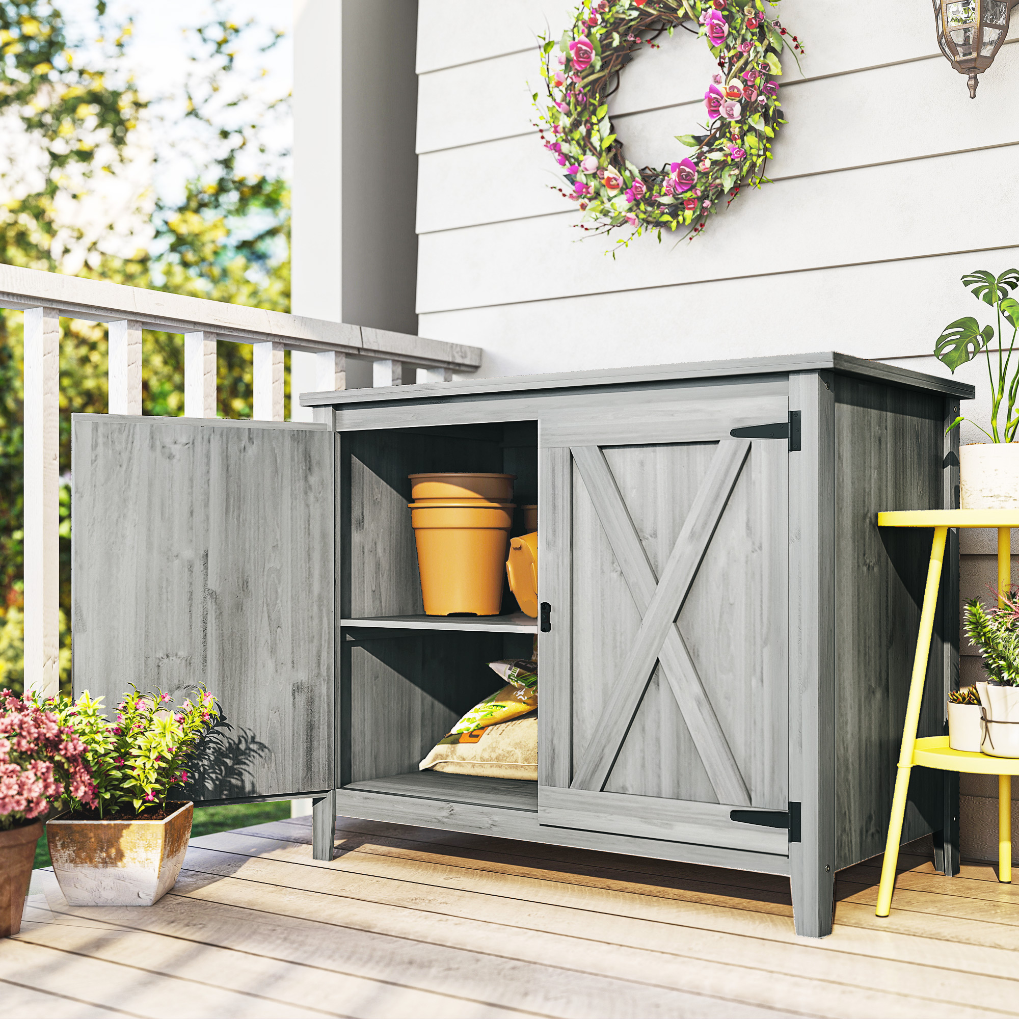 Gartenschrank, Holzschrank für Gartengeräte, Outdoor-Schrank für Terrasse, mit Doppeltüren, Scheunendesign, Hellgrau