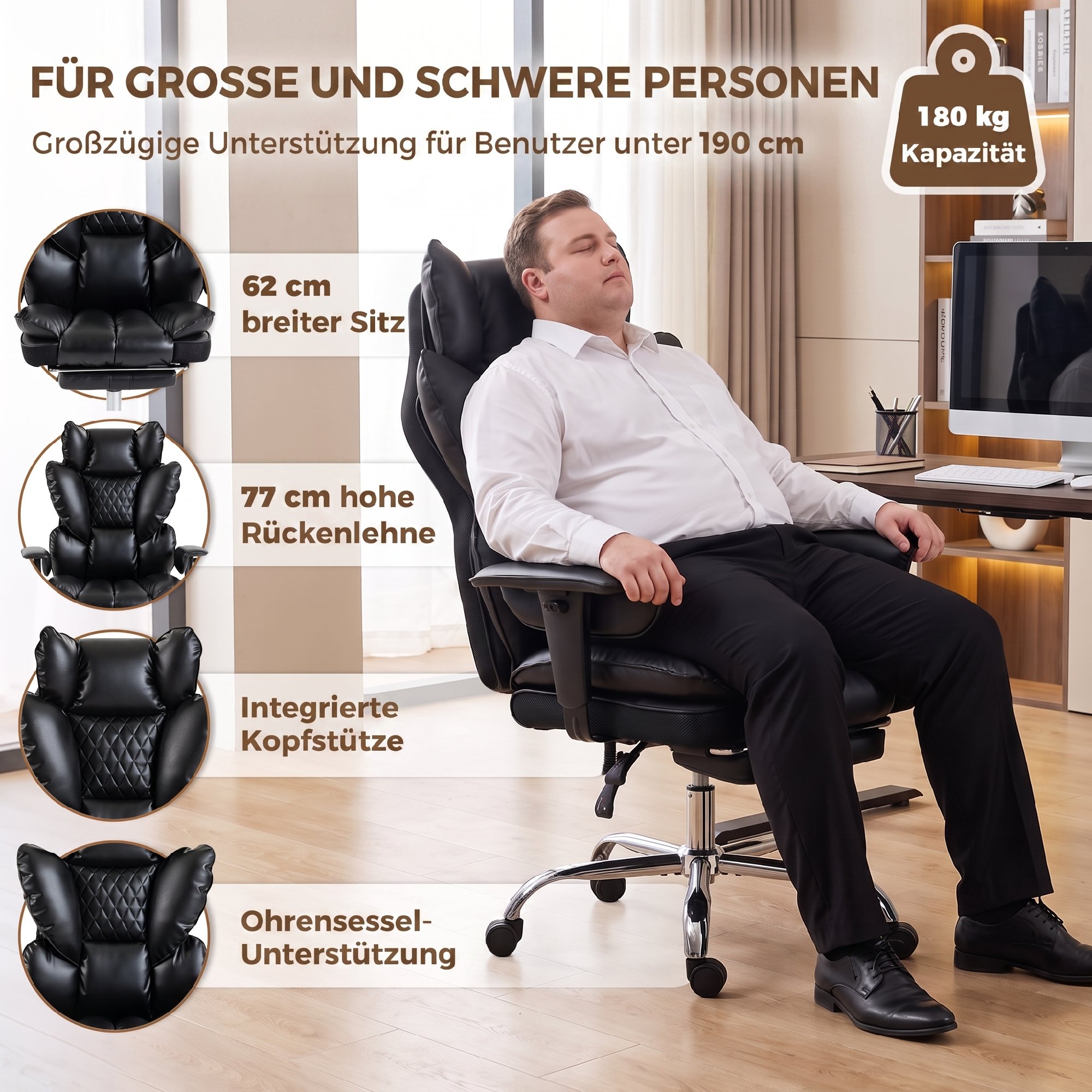 Chefsessel aus Kunstleder bis 180 kg, großer Bürostuhl mit Taschenfederkern und Liegefunktion, schwarz