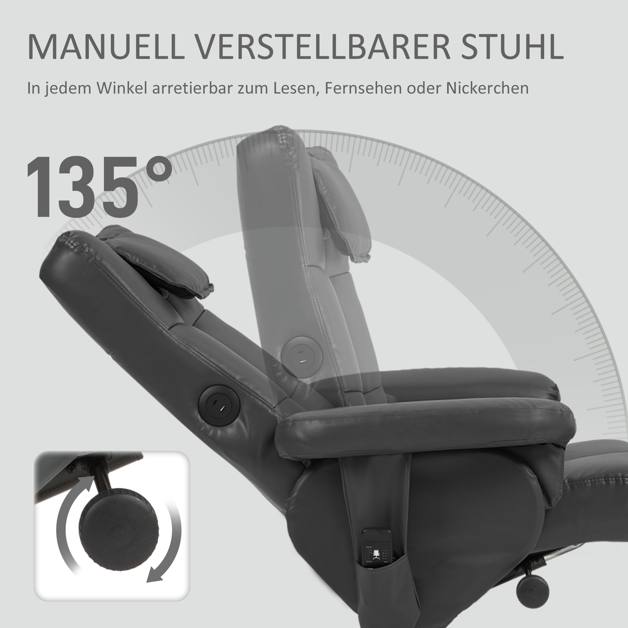 Massagesessel mit Hocker, verstellbare Lehne, USB-Ladeport, Lederoptik, bis 150 kg, Schwarz