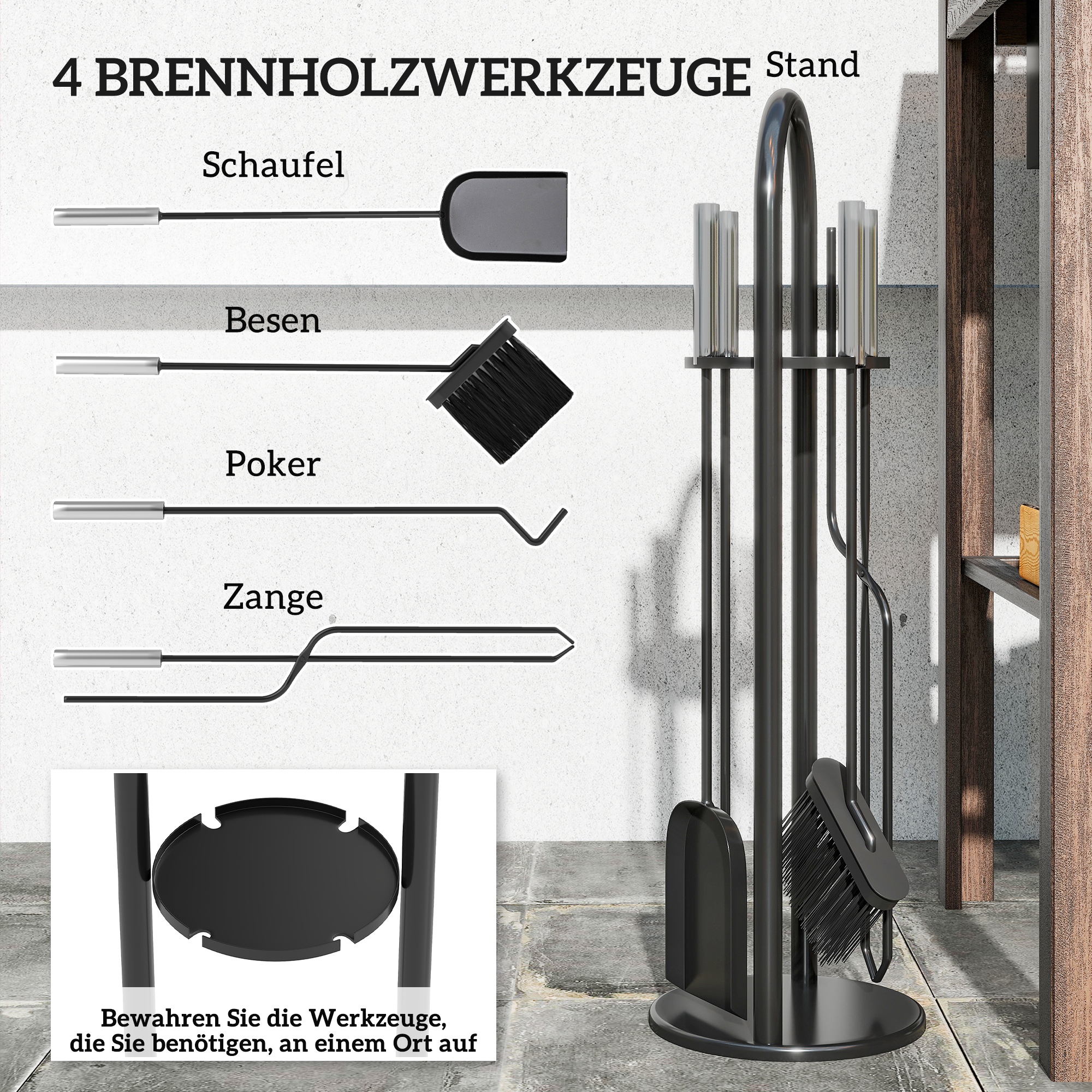 Kaminbesteck Set 5 teilig Kaminzubehör mit Besen, Schaufel, Schürhaken Zange Ständer