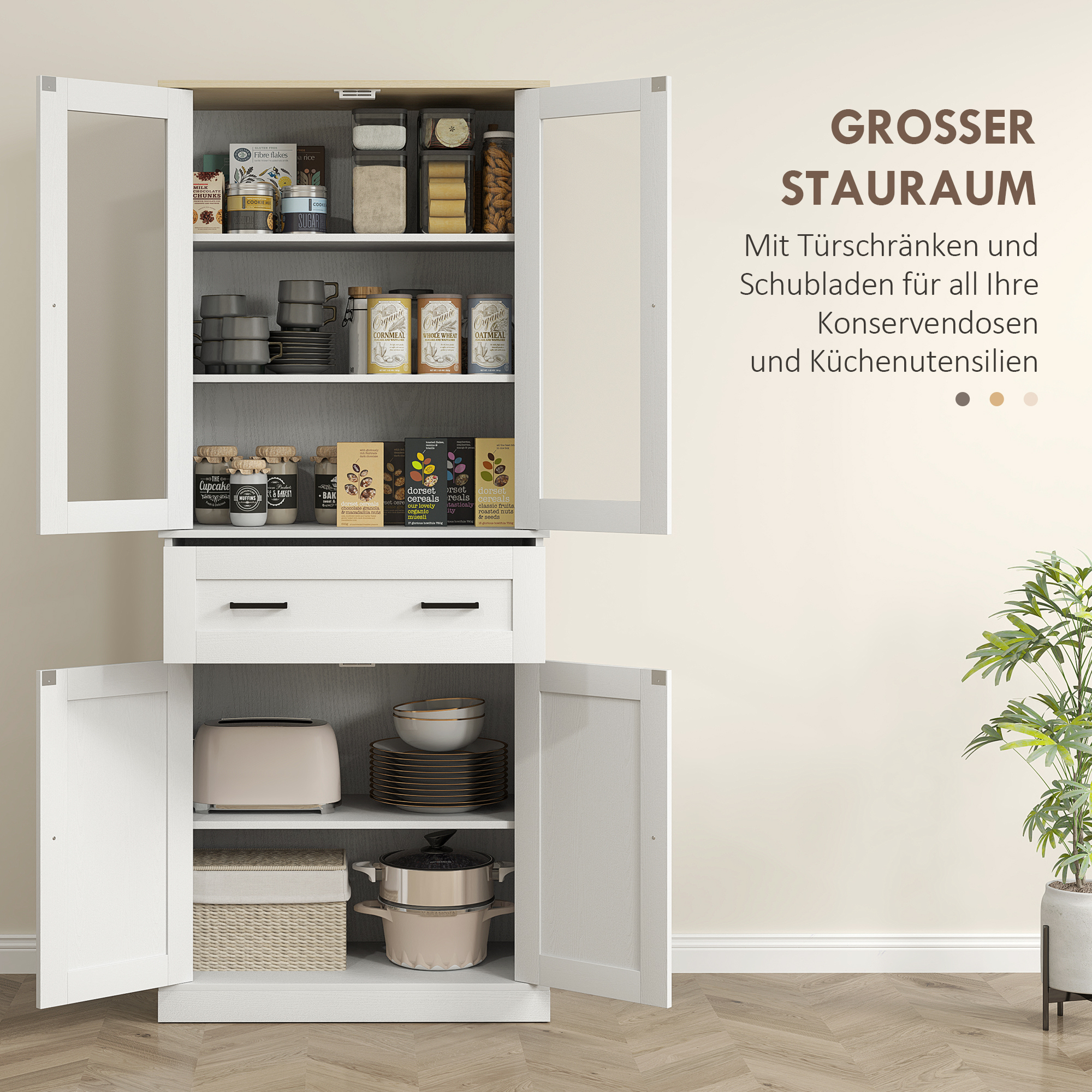 Küchenschrank, Buffet, Acrylfront, Schubladen, 76 x 40 x 182,5 cm, Cremeweiß