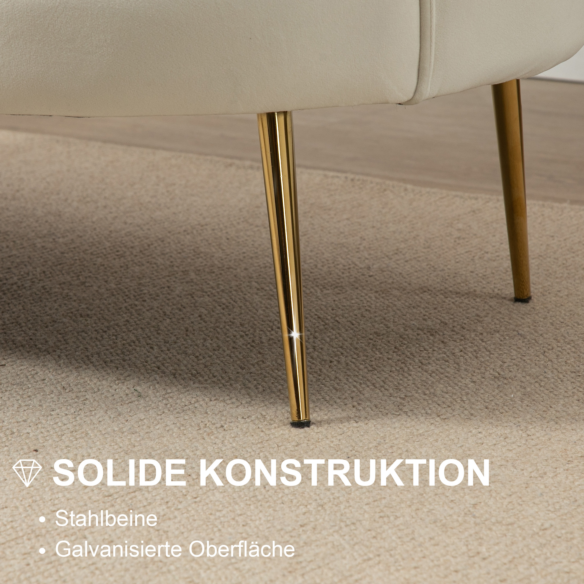 Vintage 2-Sitzer Sofa, Couch, Polstermöbel, Samtoptik, bis 150 kg, Creme/Gold