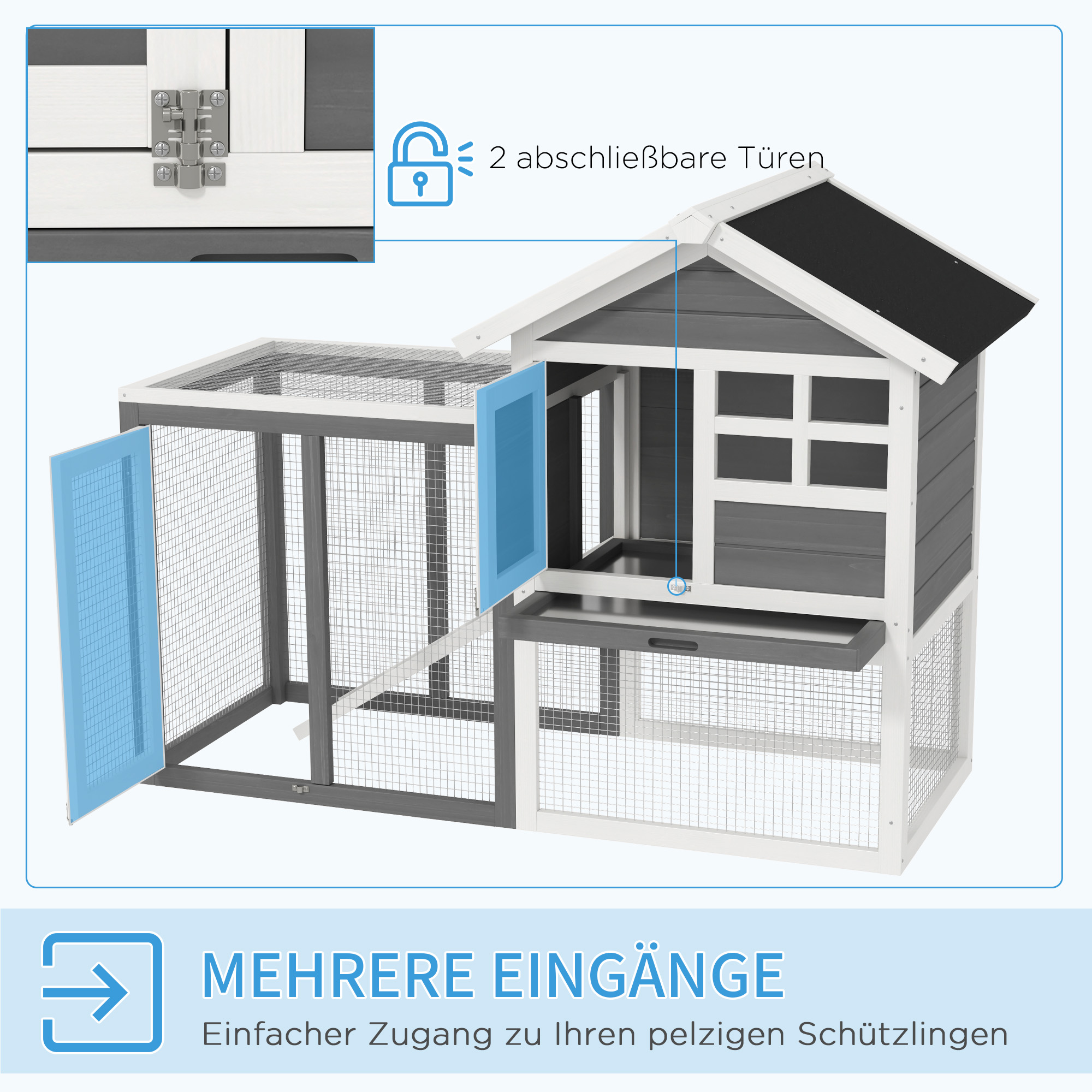 Hasenstall 2 Etagen Kaninchenstall aus Holz 123,5x62,6x92,5 cm Kaninchenkäfig mit Bitumendach Freilaufgehege Rampe Türen Herausnehmbare Bodenwanne Hasenkäfig für Kaninchen Outdoor Grau+Weiß