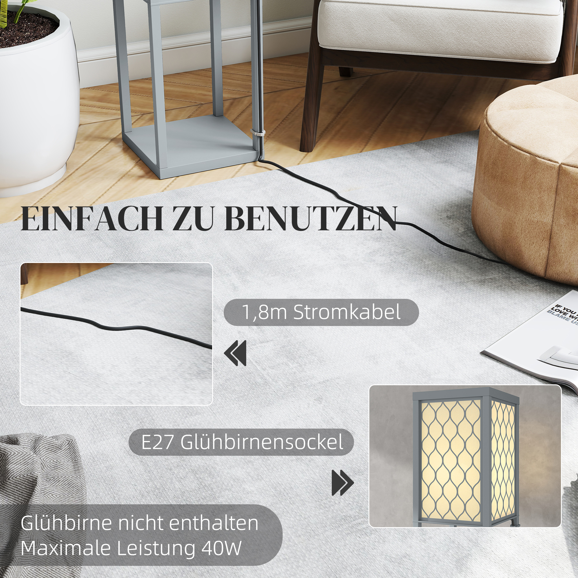 Stehlampe mit Regal, 3 Fächer, kompakte Maße, MDF, Hellgrau