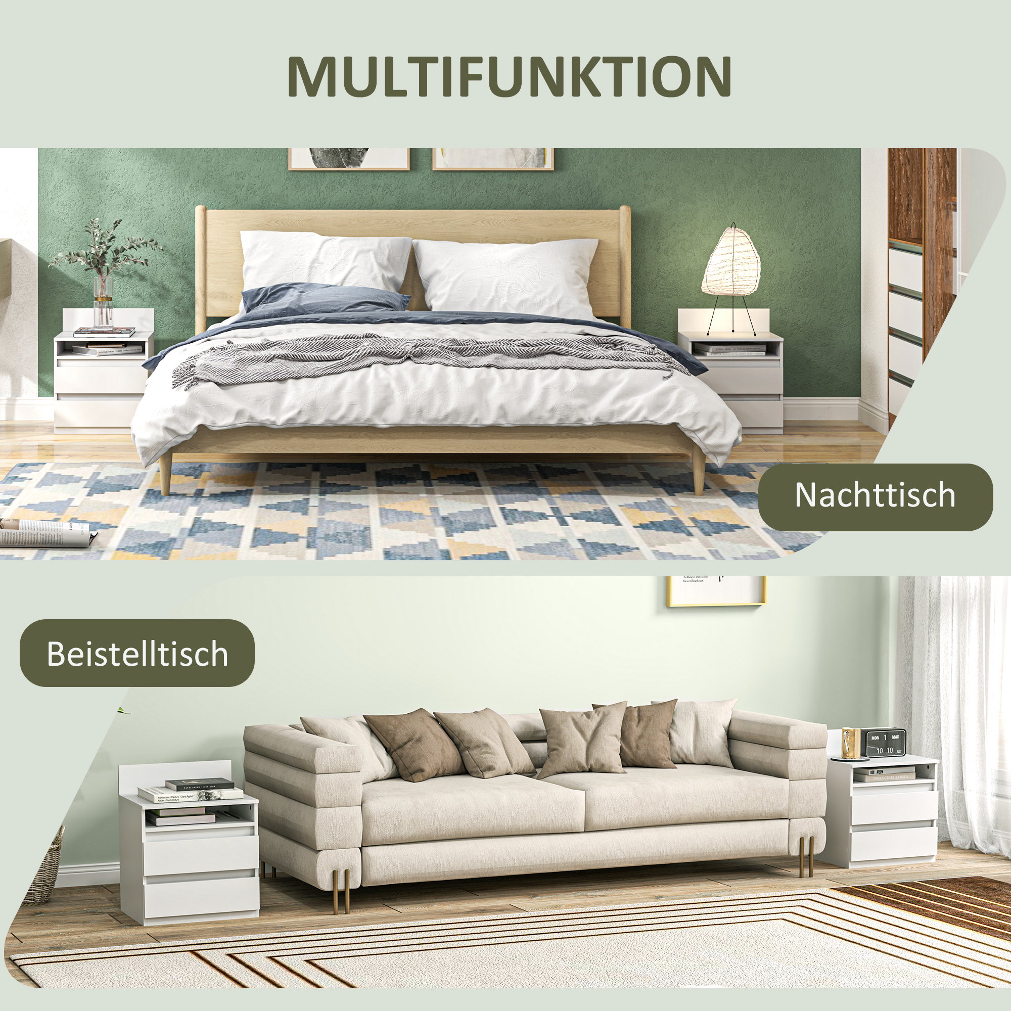 Nachttisch im 2er-Set mit Schubladen und Ablage, moderner Beistelltisch, für Schlafzimmer, Weiß