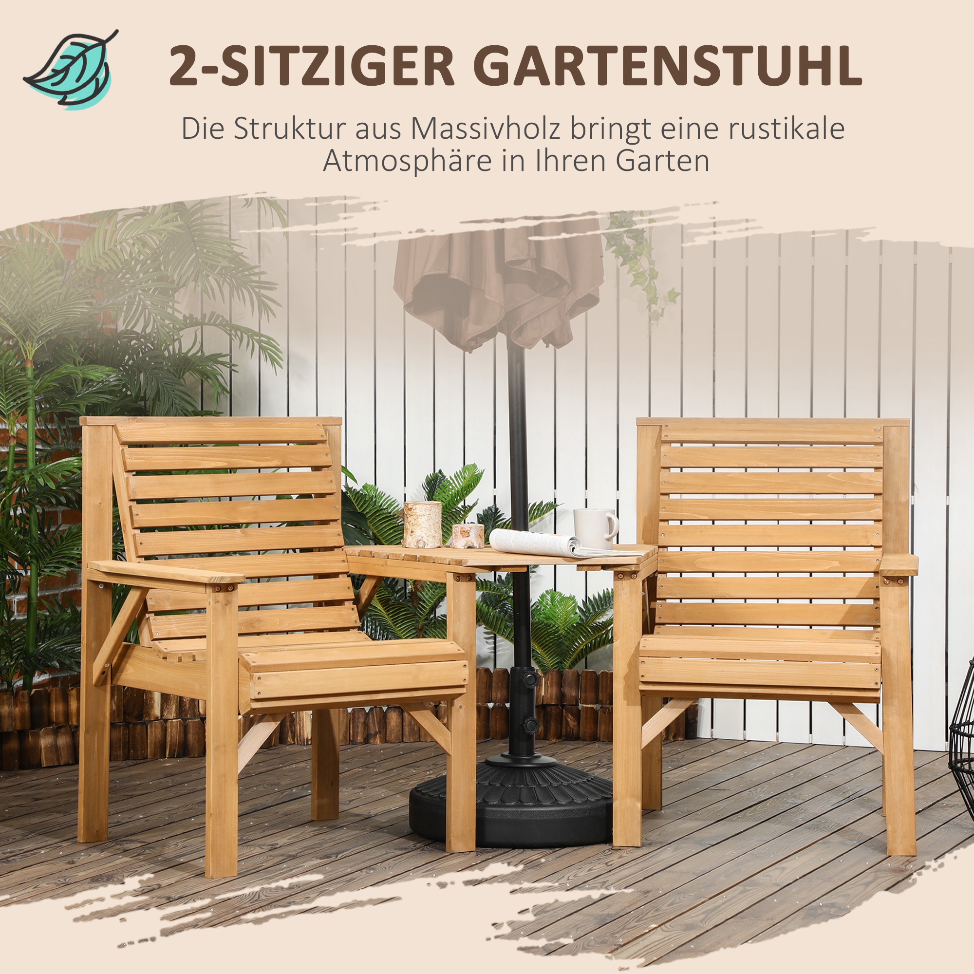 Bistro-Set 3-teilig aus Holz Wetterfest Gartenmöbel Set mit Lamellendesign Sonnenschirmloch Braun