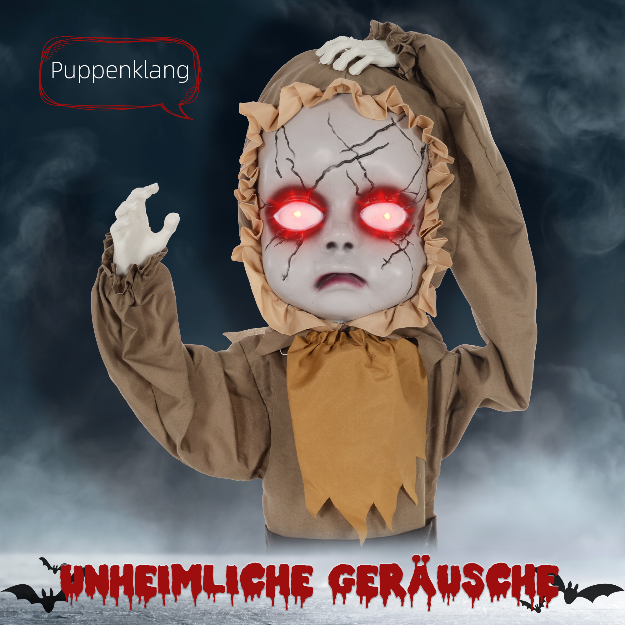 Grusel-Puppe Halloween-Dekoration, beweglicher Kopf, rote Augen, Batteriebetrieb