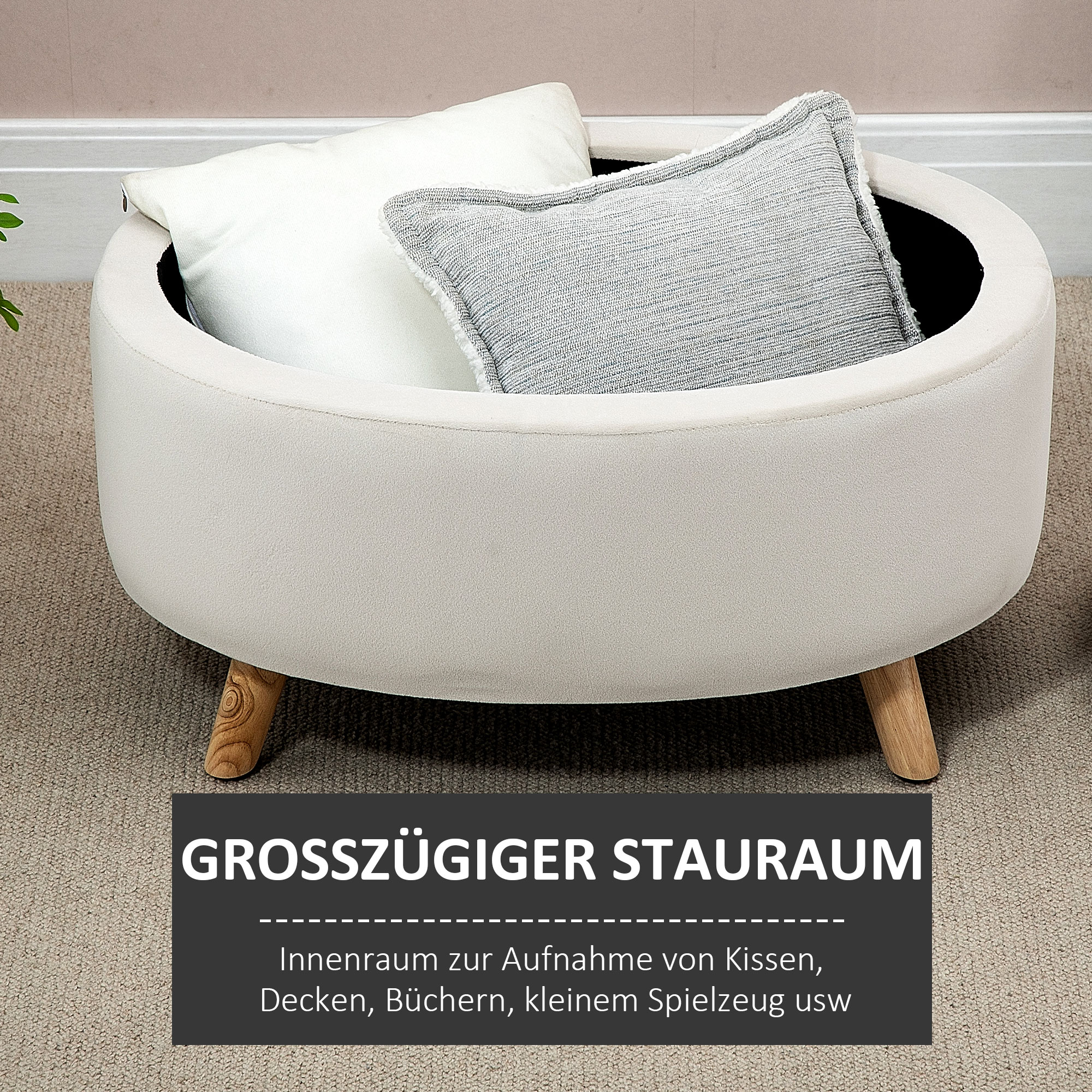 Sitzbank mit Stauraum, Hocker, ovale Form, Samtoptik, bis 120 kg, 71 x 51,5 x 42 cm, Beige