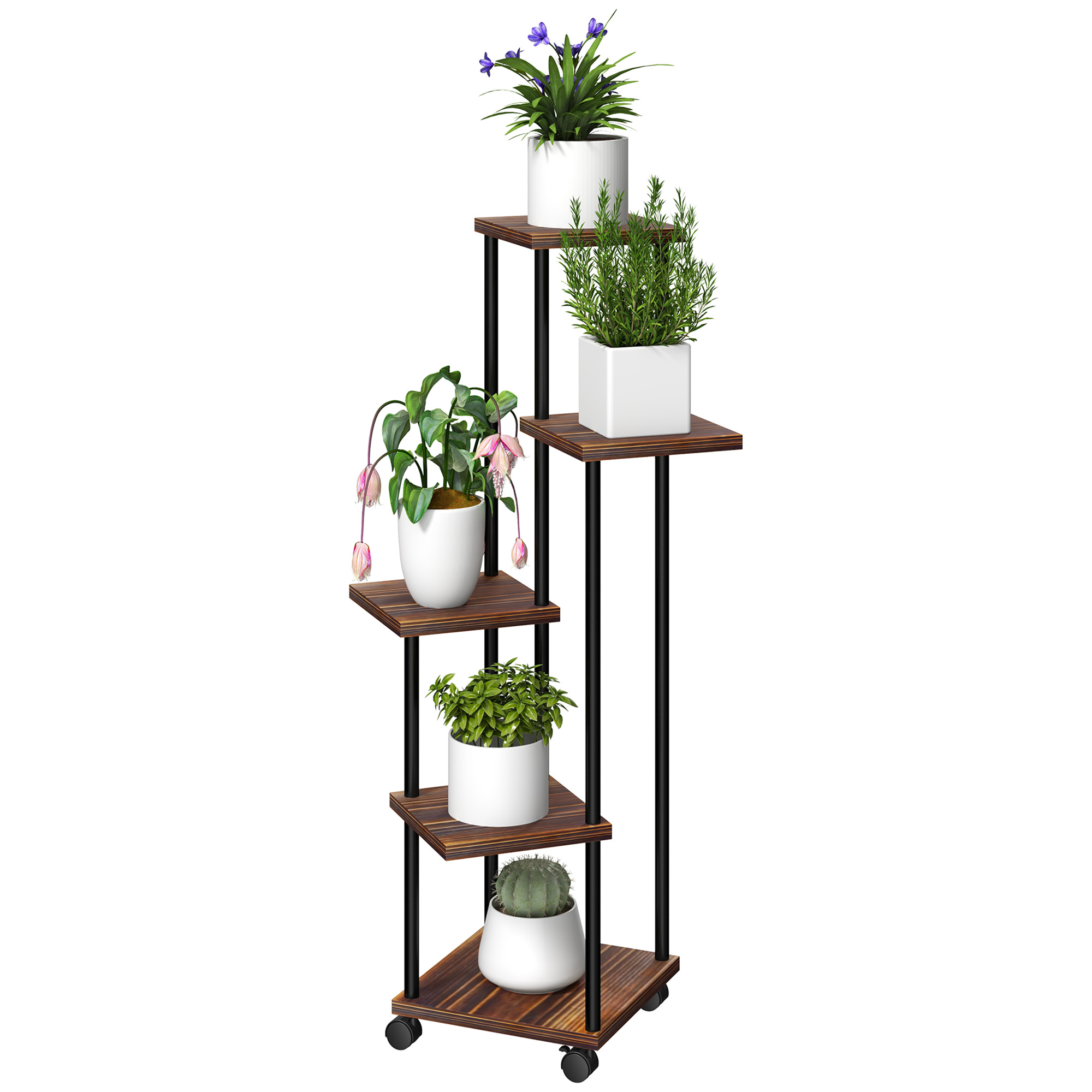 Blumenständer mit 5 Ebenen, 5-stufiger Pflanzenständer, versetztes Design, leicht zu verschieben, Holz, Stahl