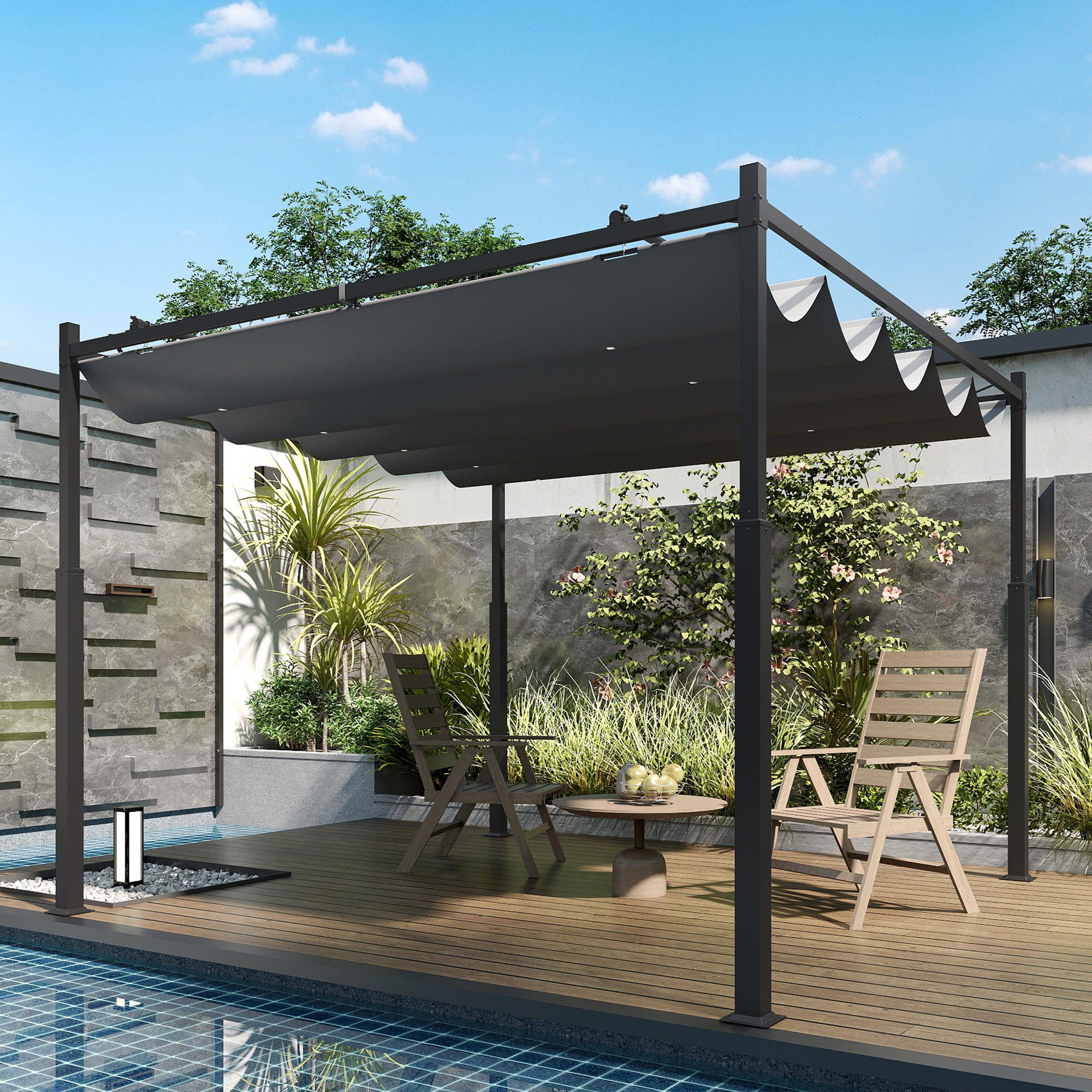 Pergola ca. 3x3 m Freistehend Terrassenüberdachung mit Schiebedach, magnetisches Pad, 8 cm Säule UV-beständig