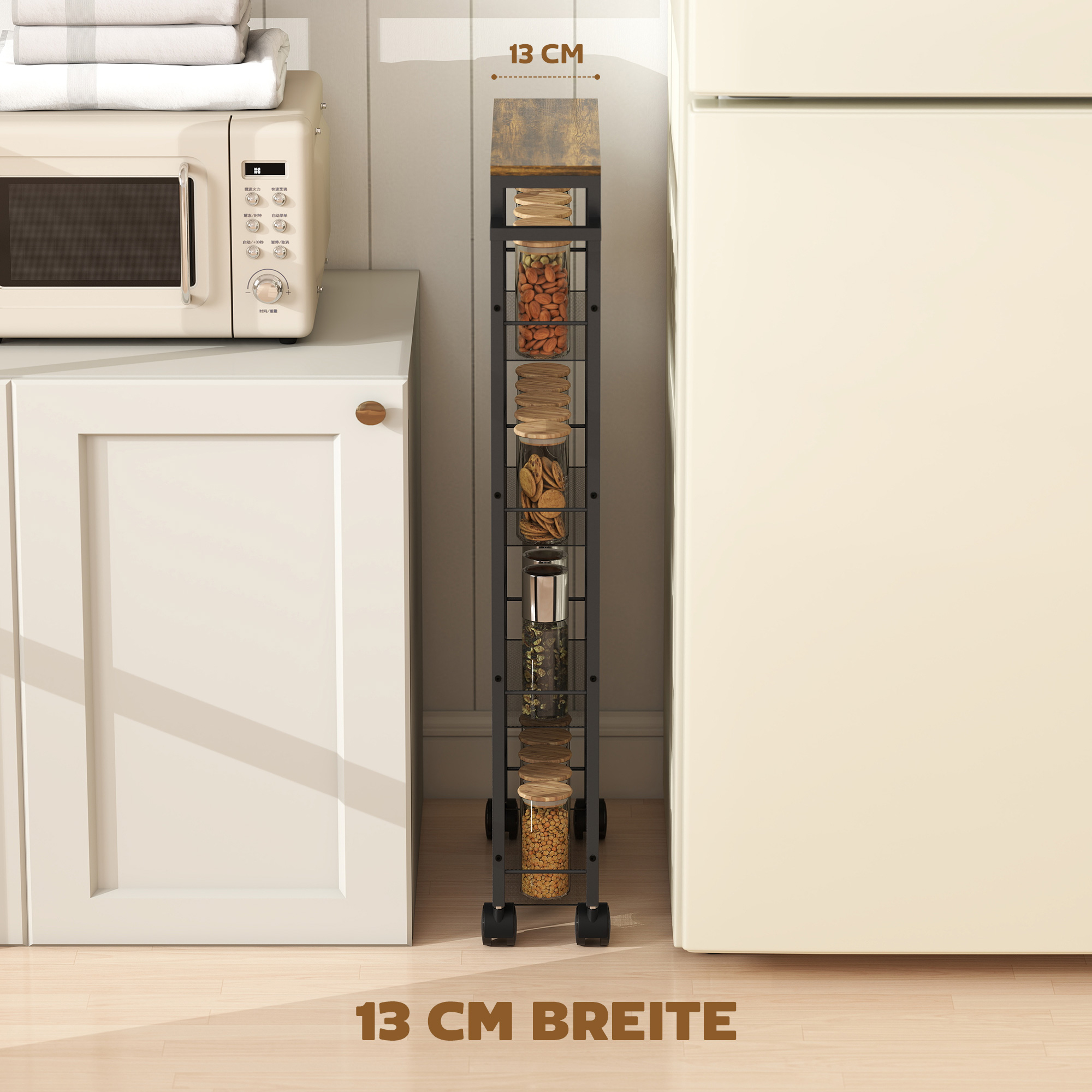 Küchenwagen Servierwagen mit 5 Ebenen, Rollwagen Küchenregal mit Arbeitsplatte, Rollen Griff 47 x 13 x 96,5 cm, Schwarz