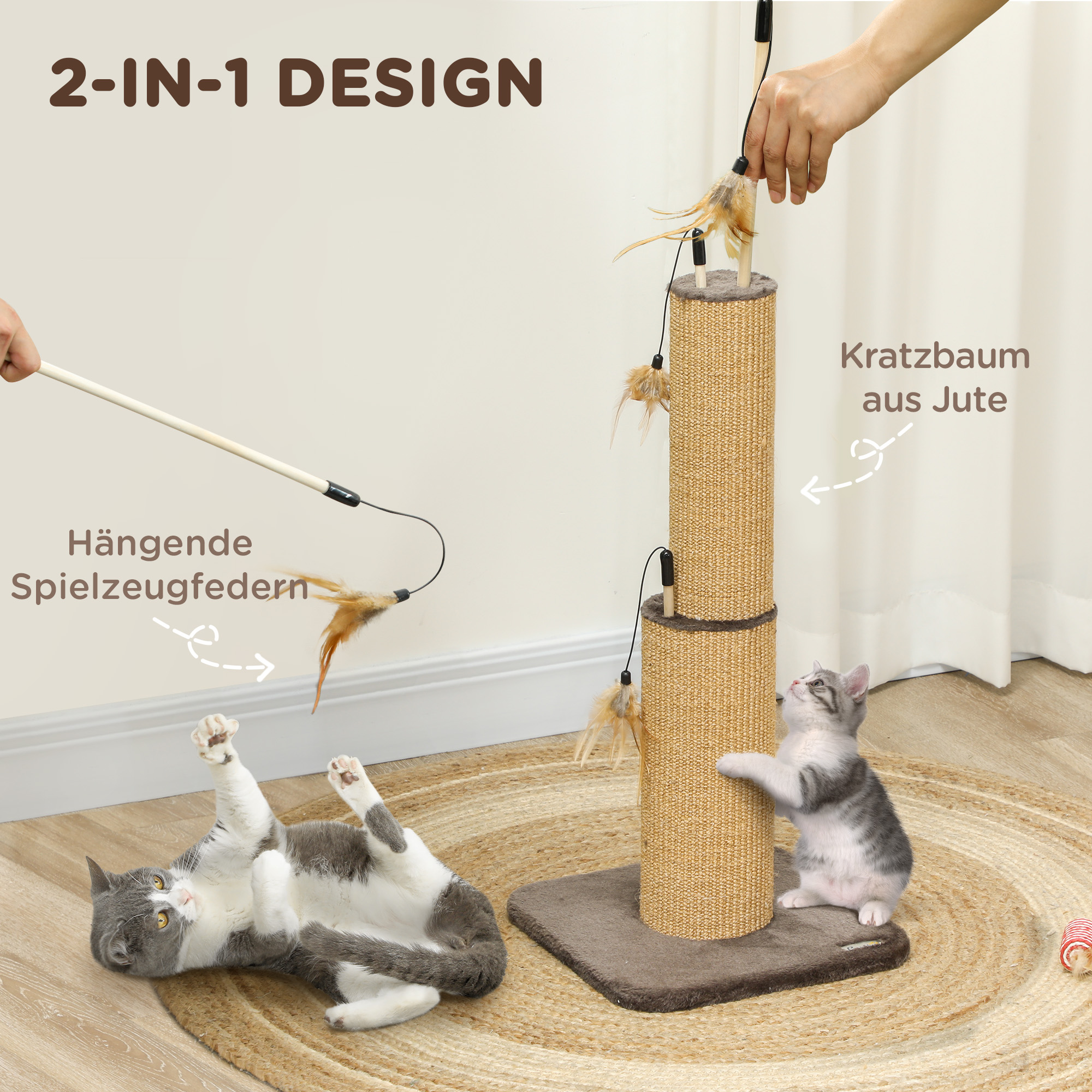 78 cm 2-in-1 Katzenkratzpfosten mit 3 Spielzeugfedern, Braun