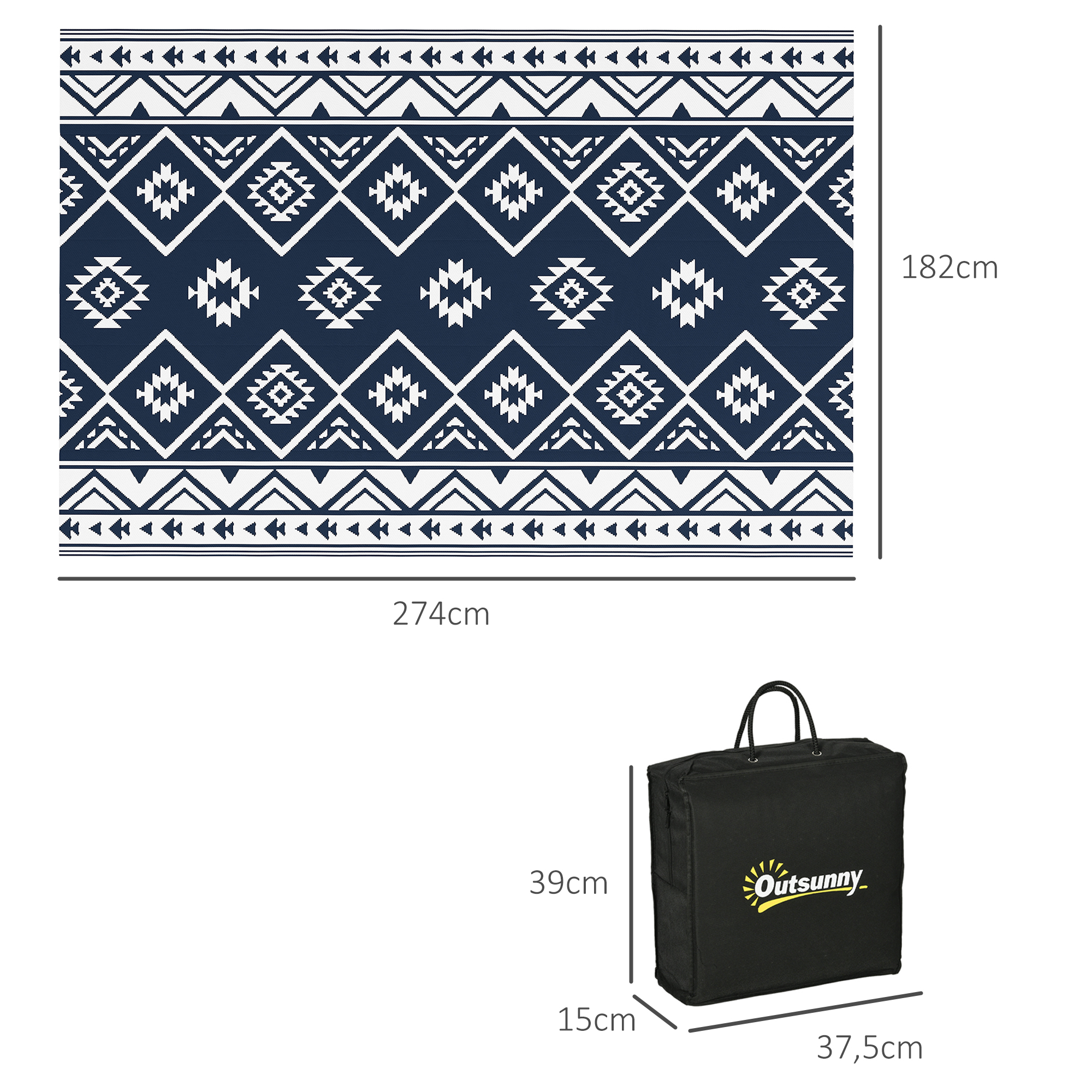 Outdoorteppich Terrassenteppich, wetterbeständig, modernes Design, 182 cm x 274 cm x 0,3 cm, Schwarz + Weiß