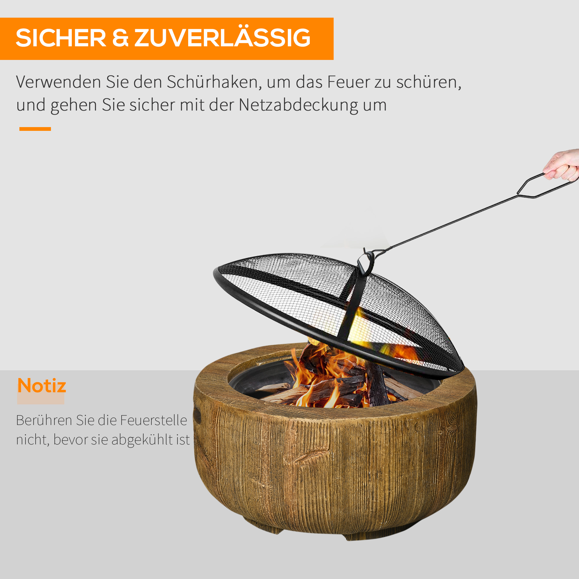 Feuerschale im Baumstumpf-Design, Funkengitter, Kohlerost, Schürhaken, Ø61,5 x 39 cm
