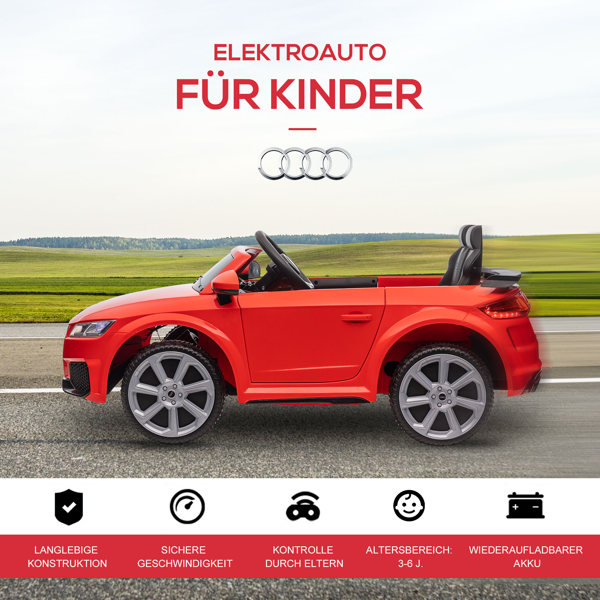 Kinderfahrzeug Audi TT RS Roadster, 3 km/h, Fernbedienung, LED, USB, rot
