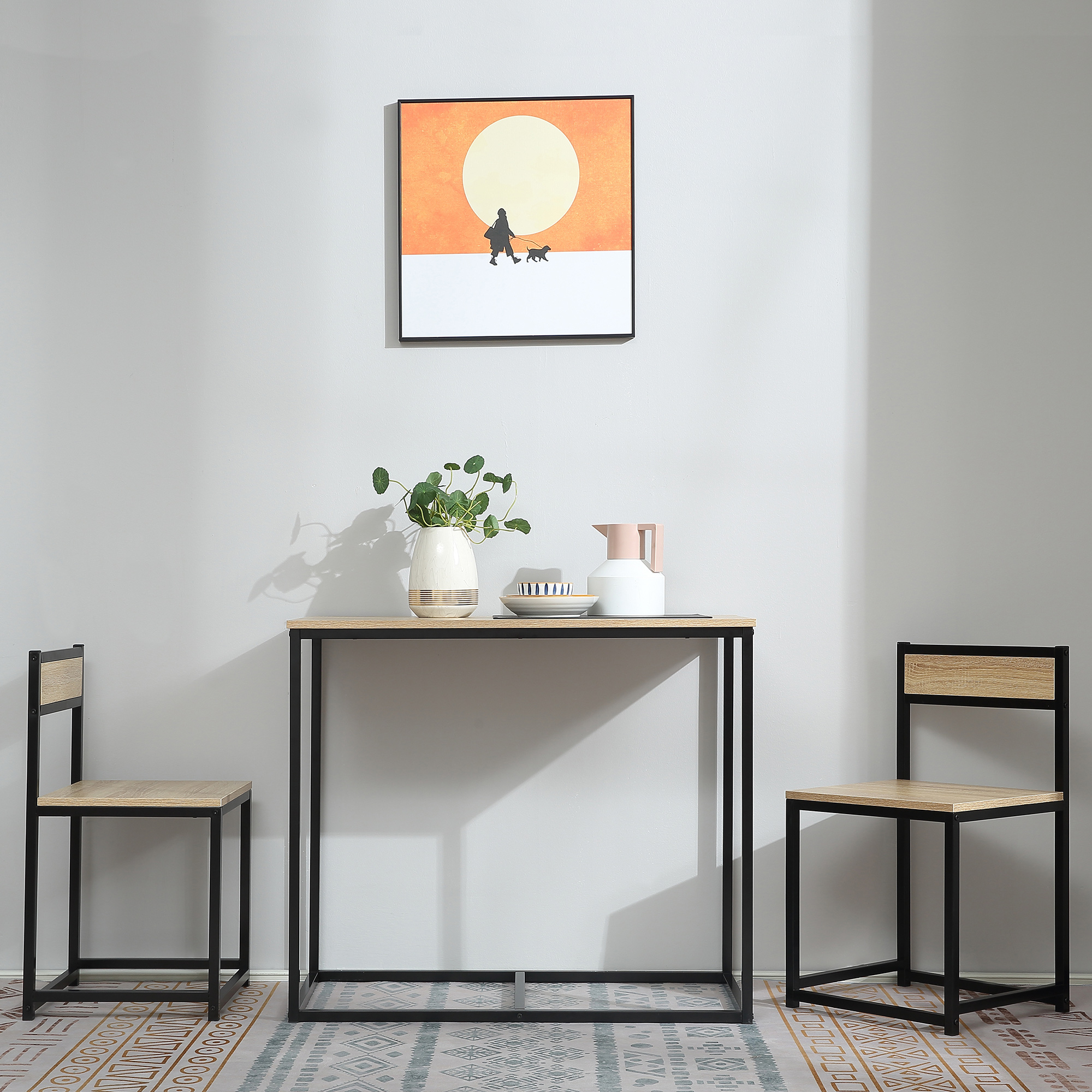 Esstisch-Set mit 2 Stühlen, Kompaktes Set aus Tisch und Stühlen für Esszimmer, Wohnzimmer, Küche, mit Metallrahmen