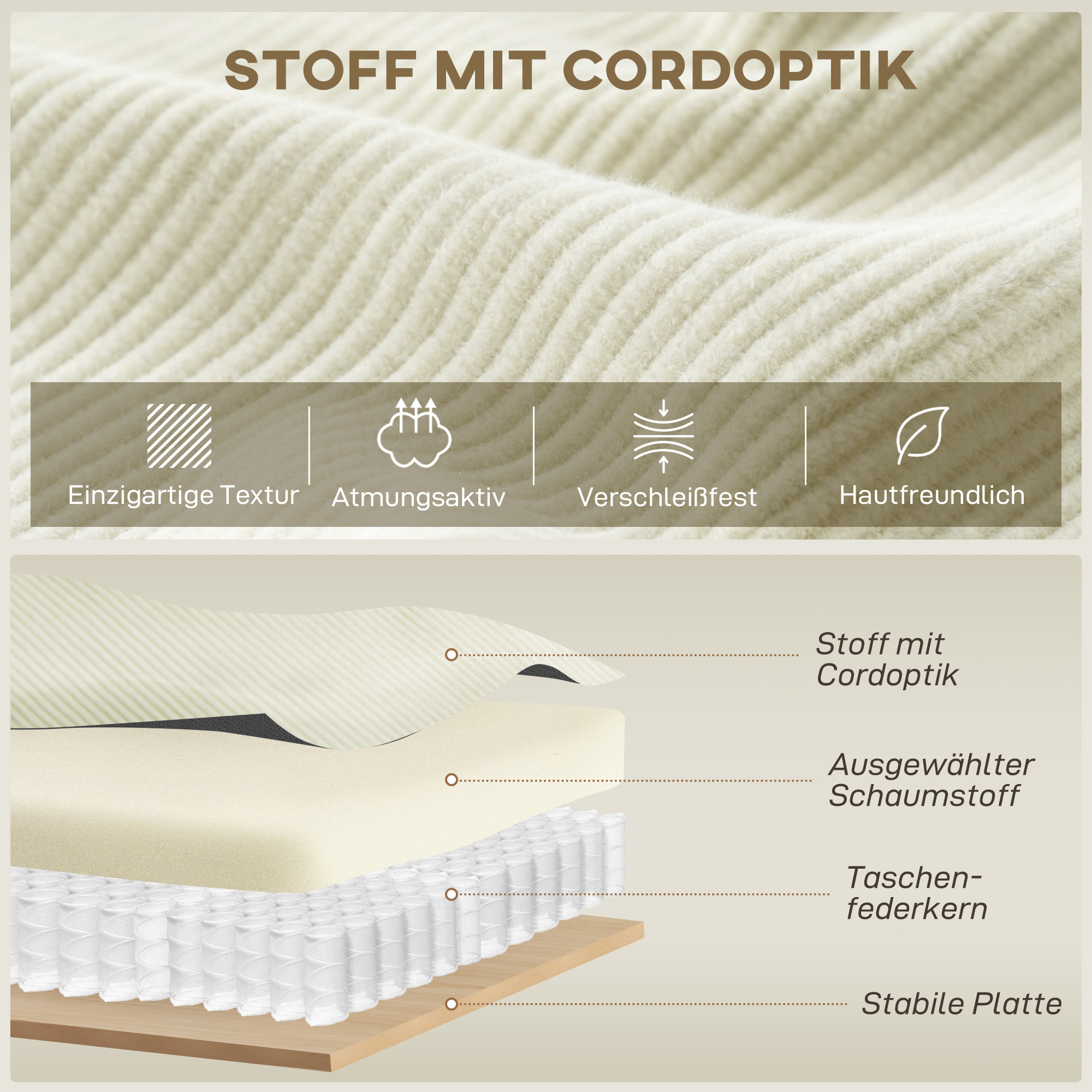 3-Sitzer-Sofa mit Chaiselongue, Wohnzimmercouch mit Cordbezug, 2 Extra-Kissen, Polstersofa, Cremeweiß