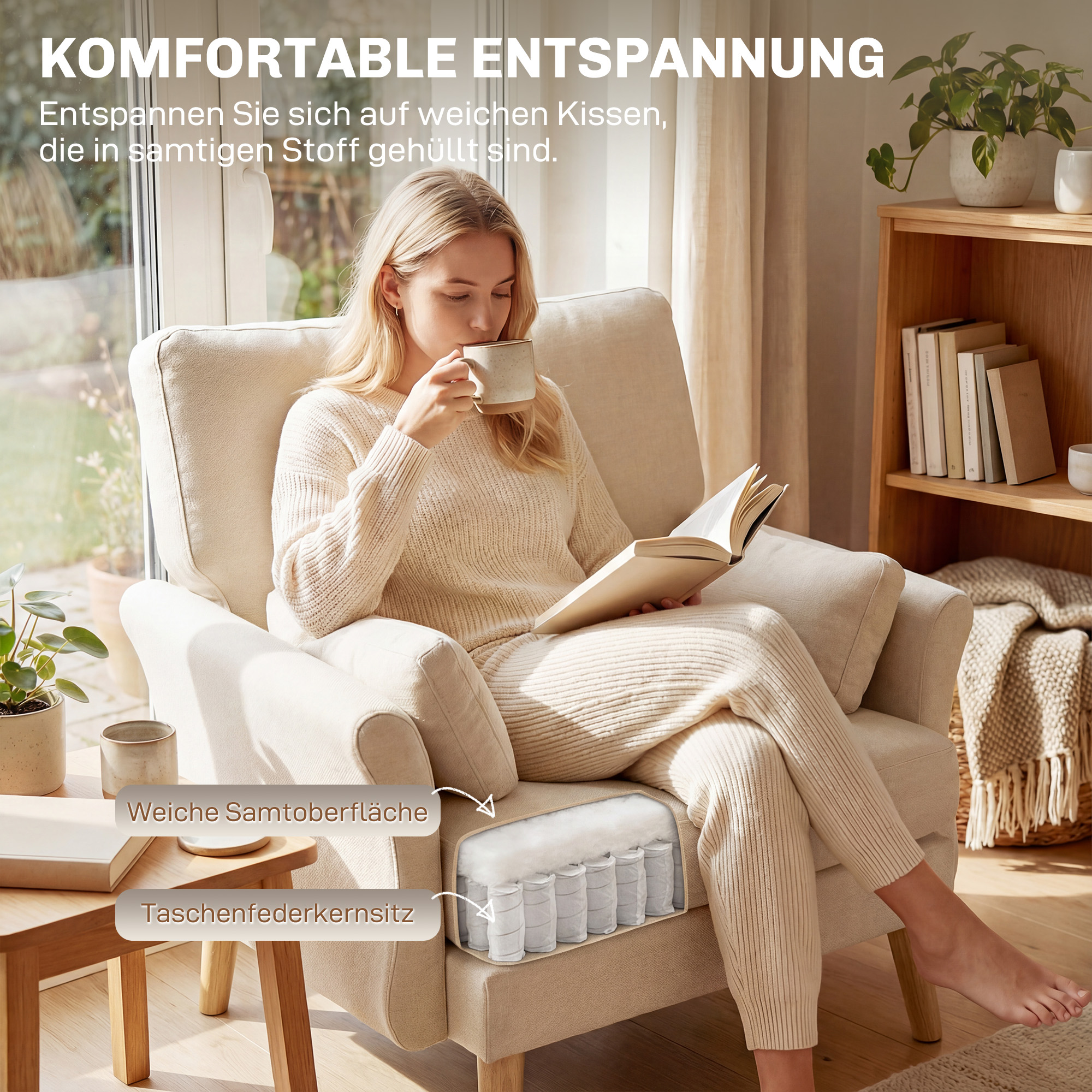 samtgepolsterter Sessel, Übergroßer Akzentstuhl mit Holzbeinen, Lesesessel für Wohn- und Schlafzimmer, Cremeweiß