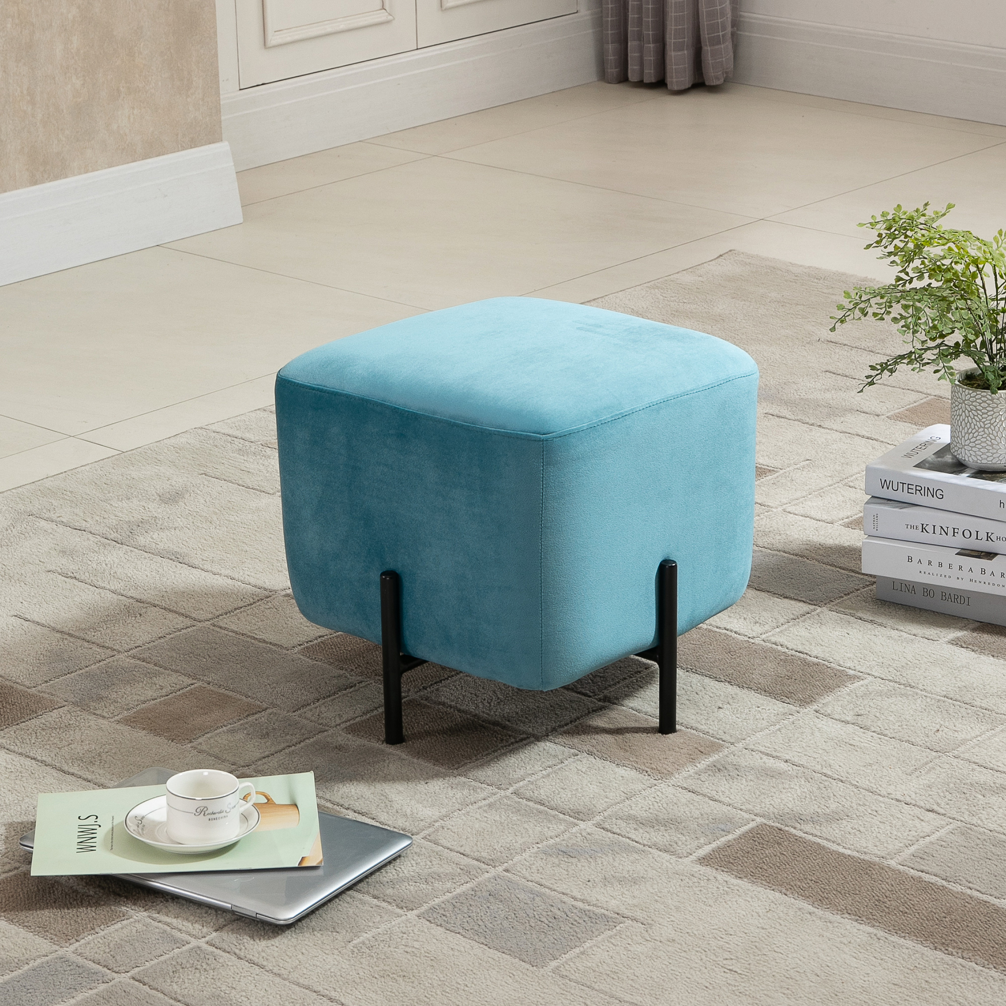 Fußhocker Fußstütze gepolstert Polyester Stahl Schaumstoff Türkis 44,5 x 44,5 x 41,5 cm
