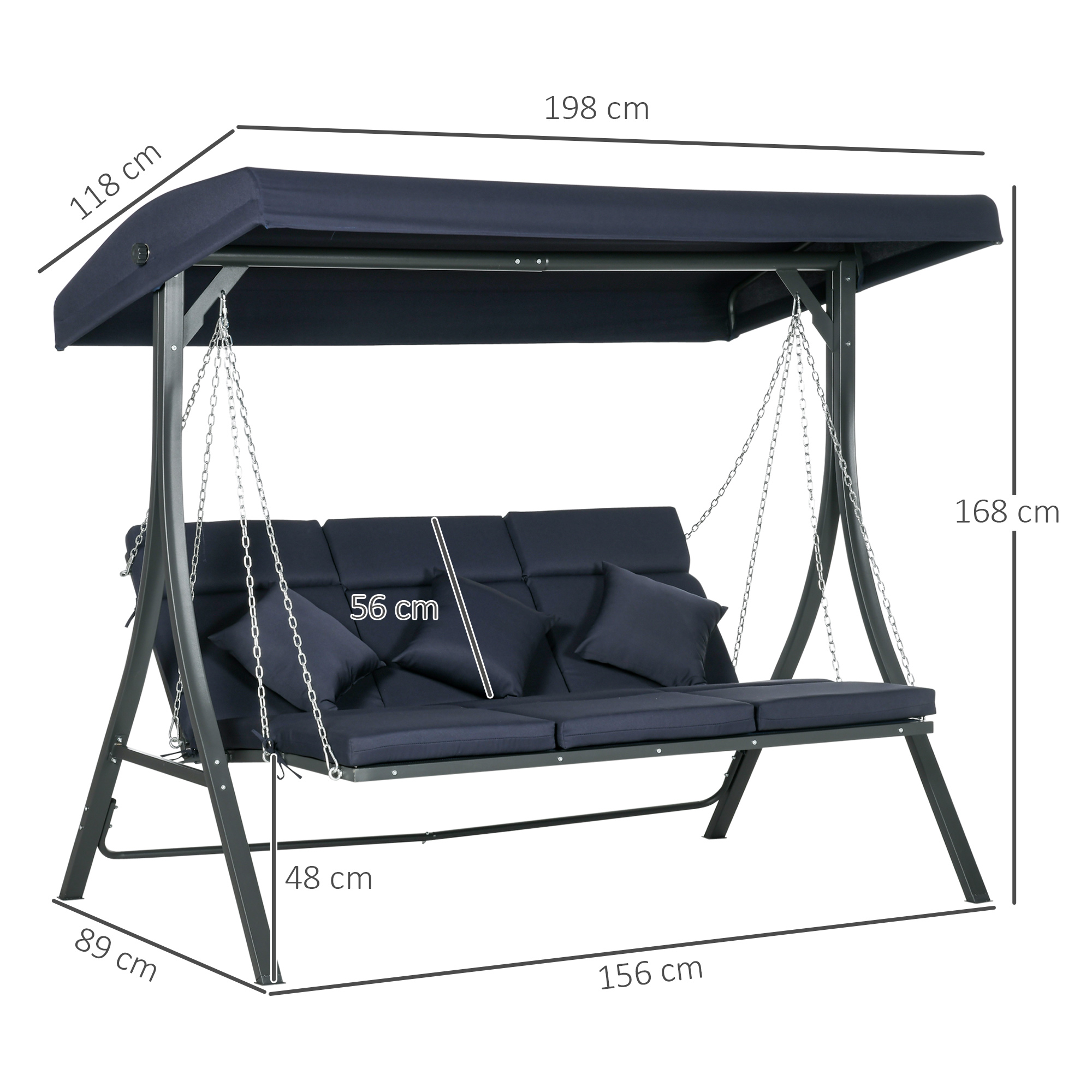 Hollywoodschaukel Gartenschaukel, 3 Personen, verstellbares Sonnendach, 198 x 118 x 168 cm, Dunkelgrau