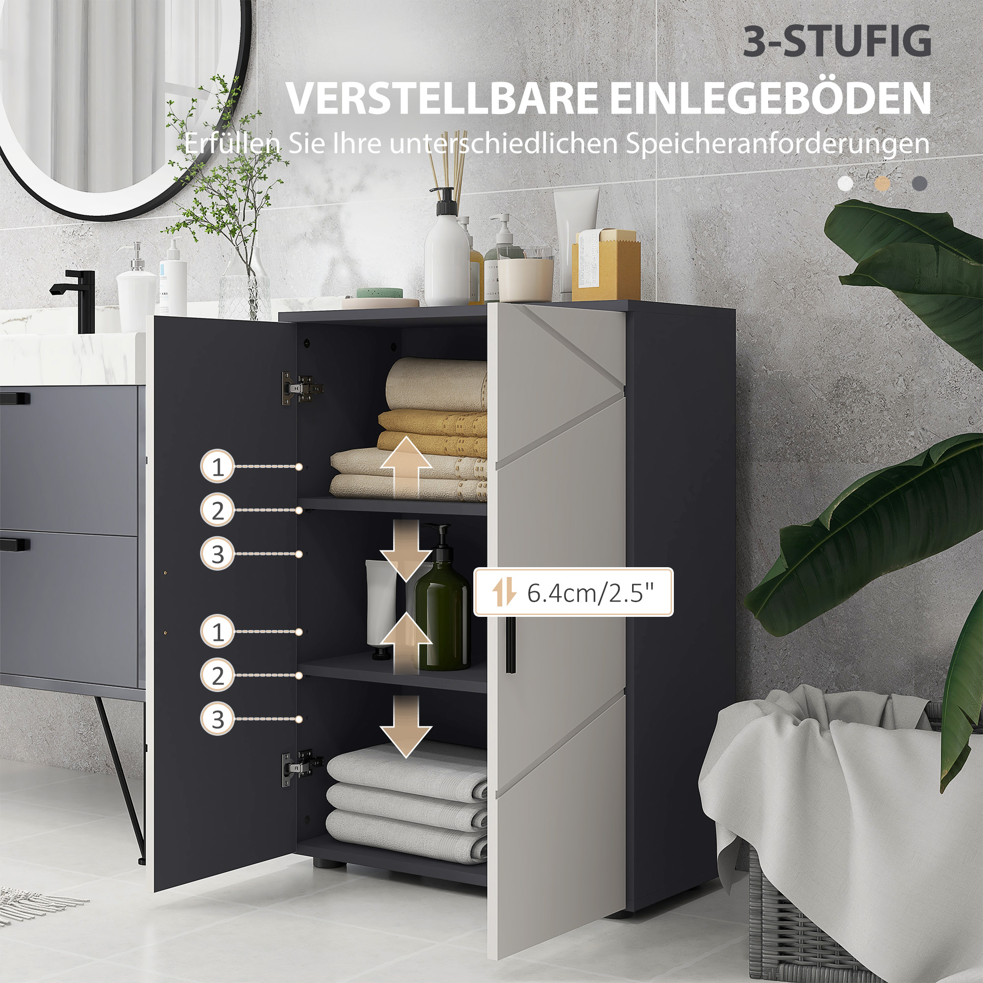 Badezimmerschrank, Badkommode, verstellbare Regale, bis zu 25 kg belastbar, Grau