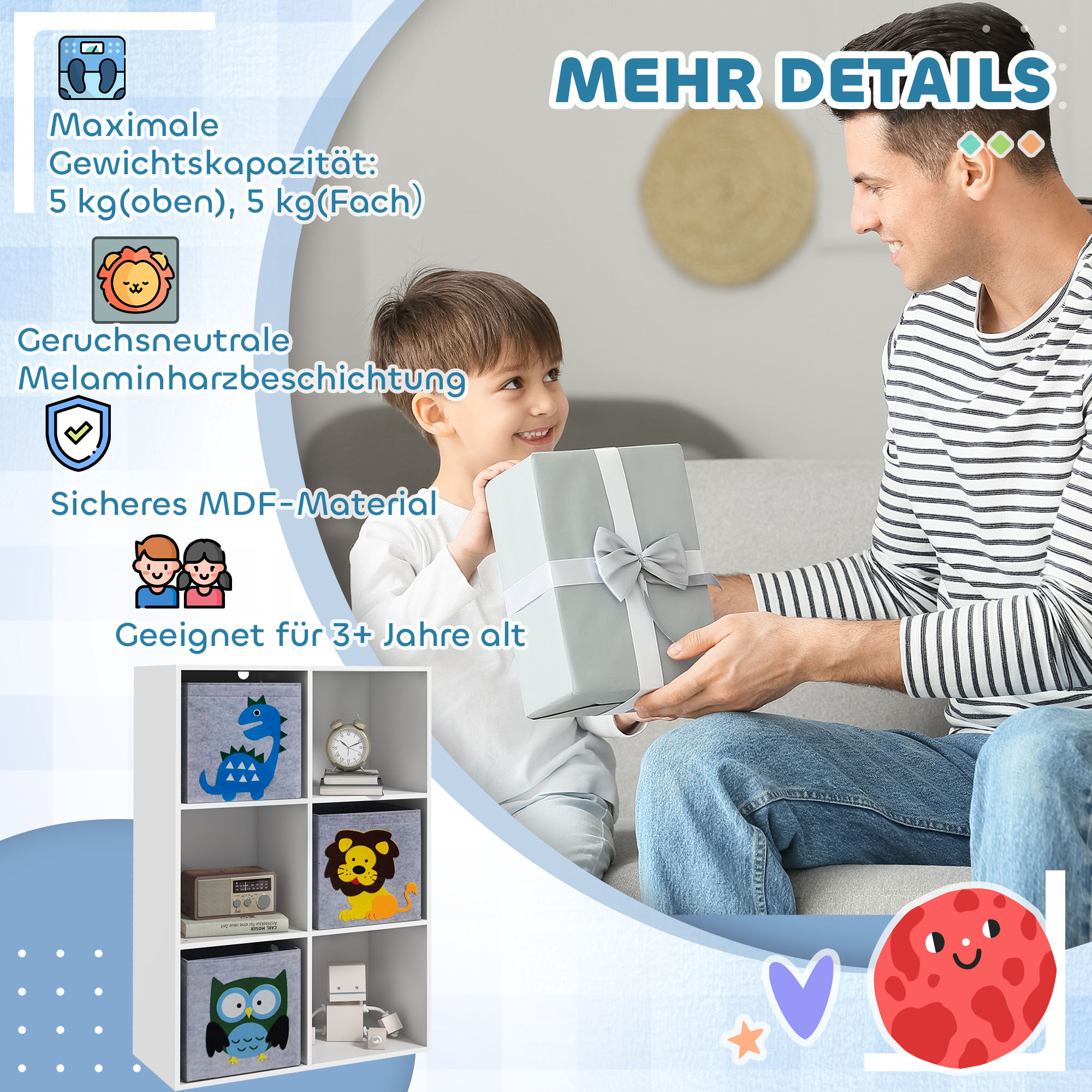 Aufbewahrungsregal für Kinder, Würfel, Schubladen, MDF, Kippschutz, Weiß