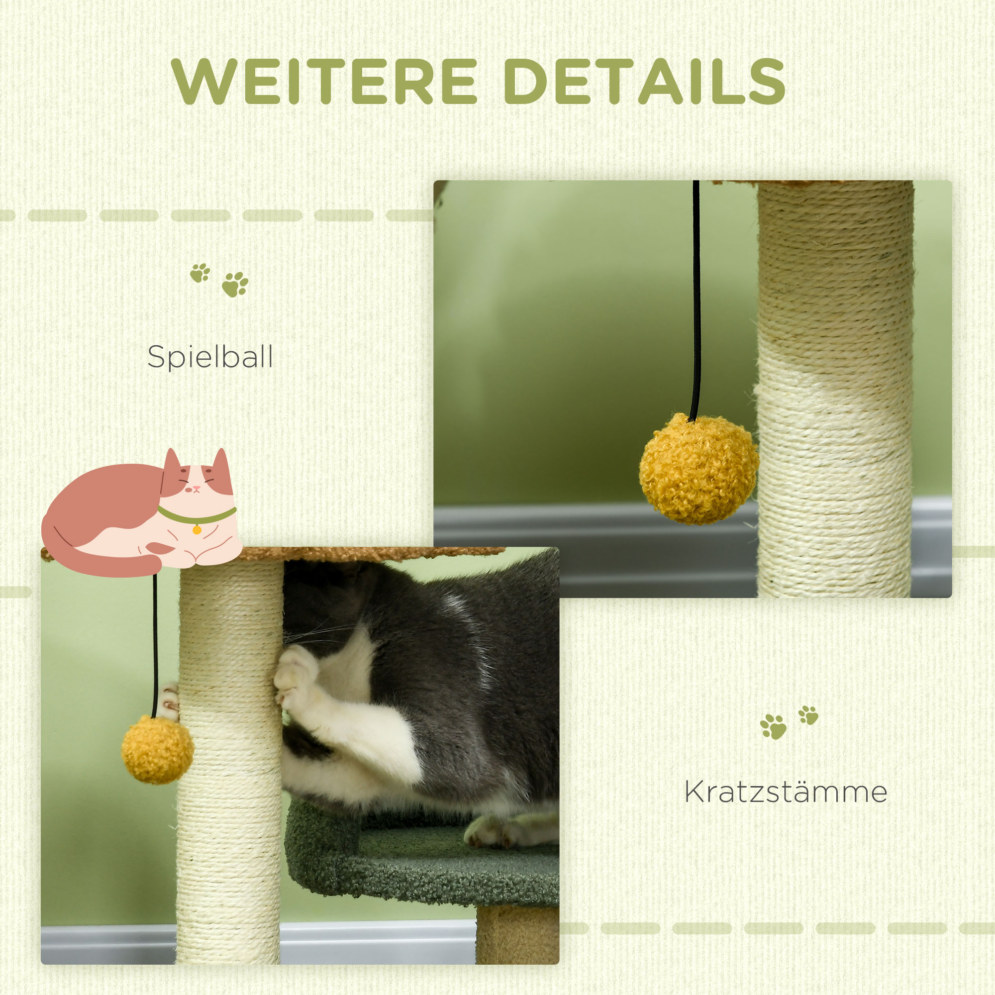 Kleiner Kratzbaum mit 2 Liegeflächen, inkl. Spielzeug, für kleine Katzen, Grün Beige+ Braun