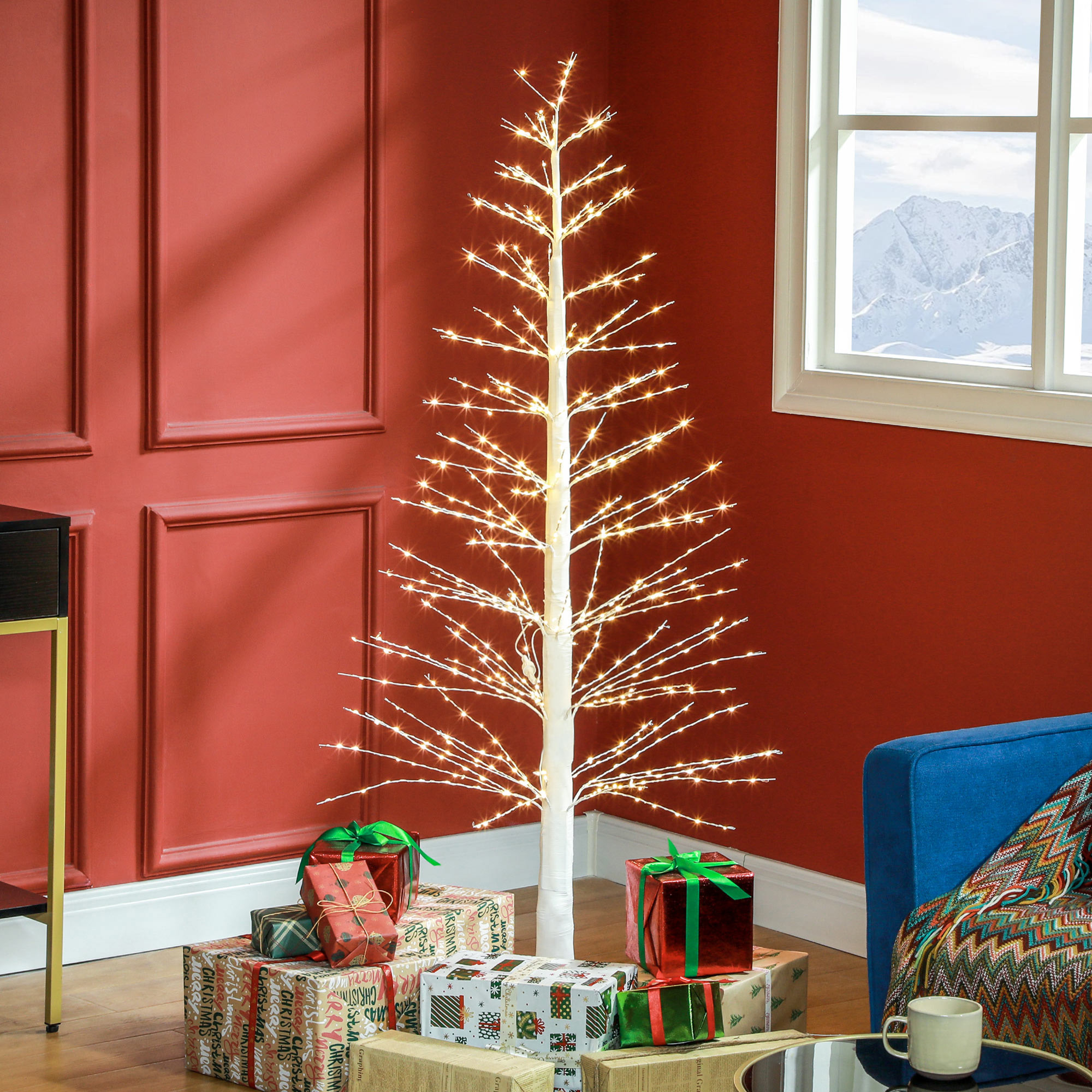Kunsttanne mit LED-Beleuchtung, 180 cm hoher Weihnachtsbaum, realistische Rinde, Weiß