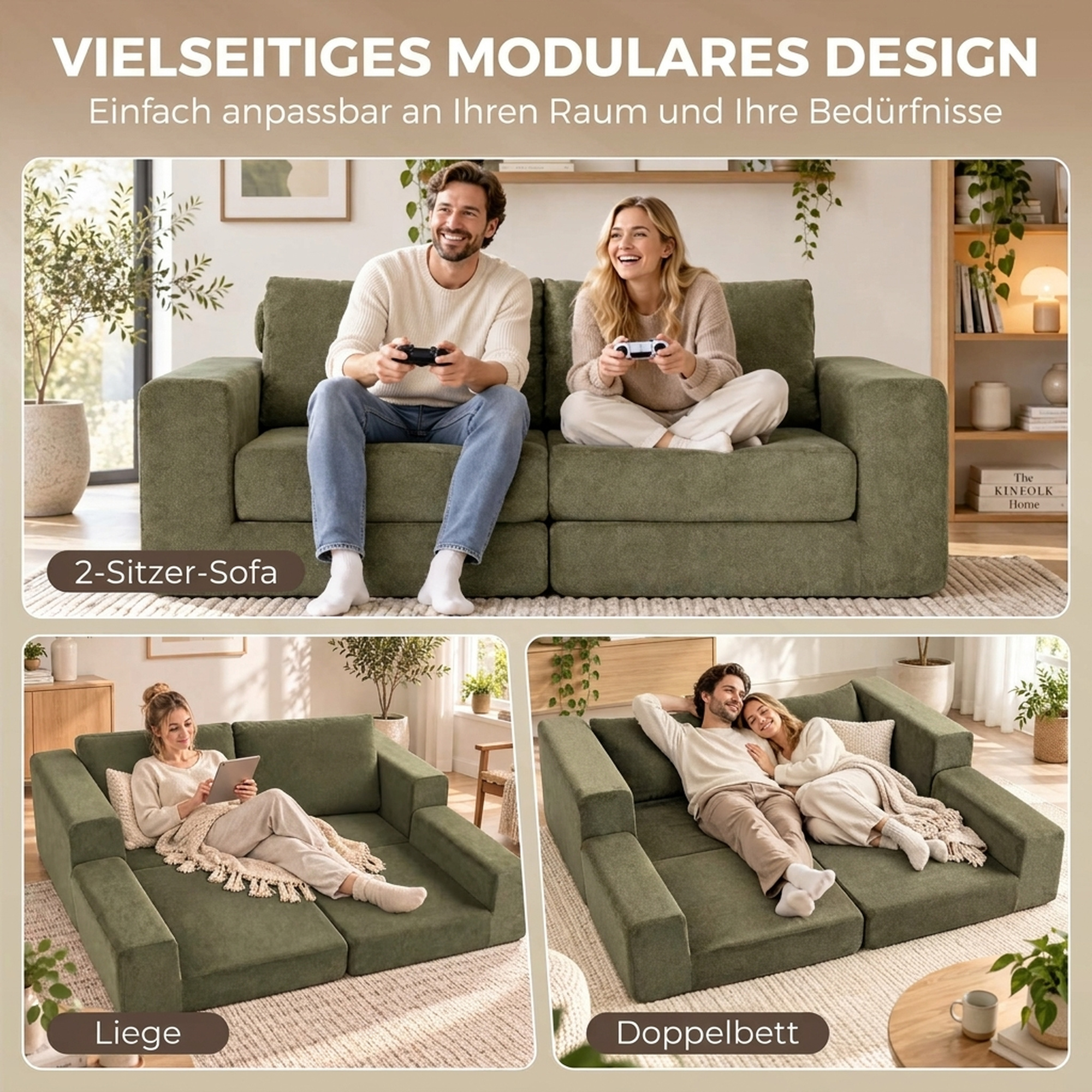 Schlafsofa 4-in-1 Schlaffunktion ausziehbar Klappsofa Kissen 2 Sitzer Grün