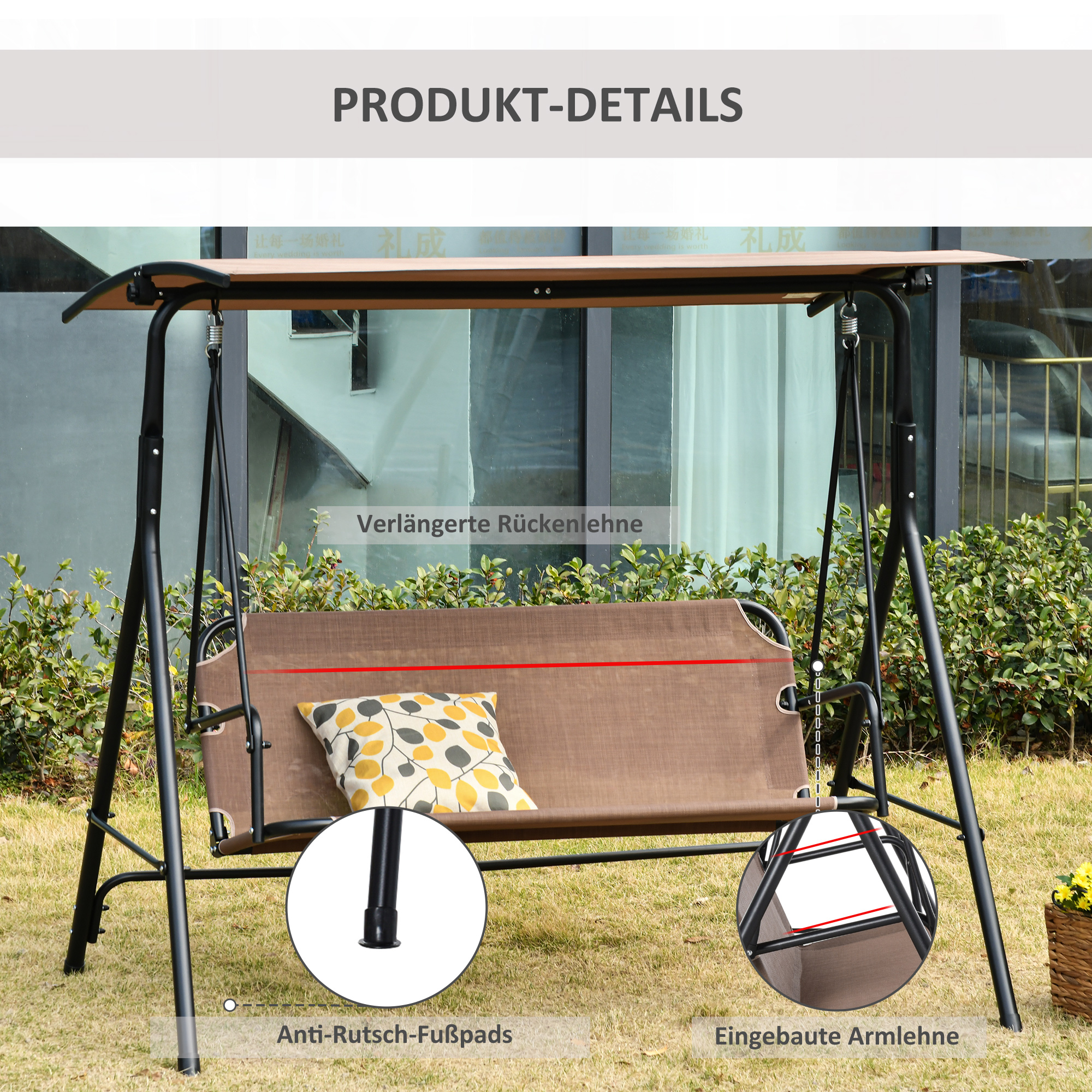 2-Sitzer Hollywoodschaukel Outdoor Gartenliege UV-beständig Hochwertiges Metallrohr winkeleinstellbar Braun