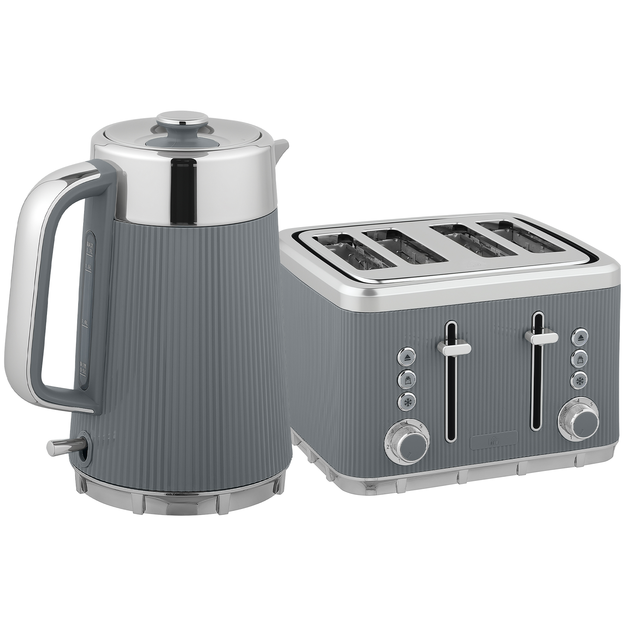 2200W, 1,7L Wasserkocher mit Schnellkochfunktion, Entkalkungsfilter und 4-Scheiben-Toaster mit 7 Bräunungsstufen, Grau