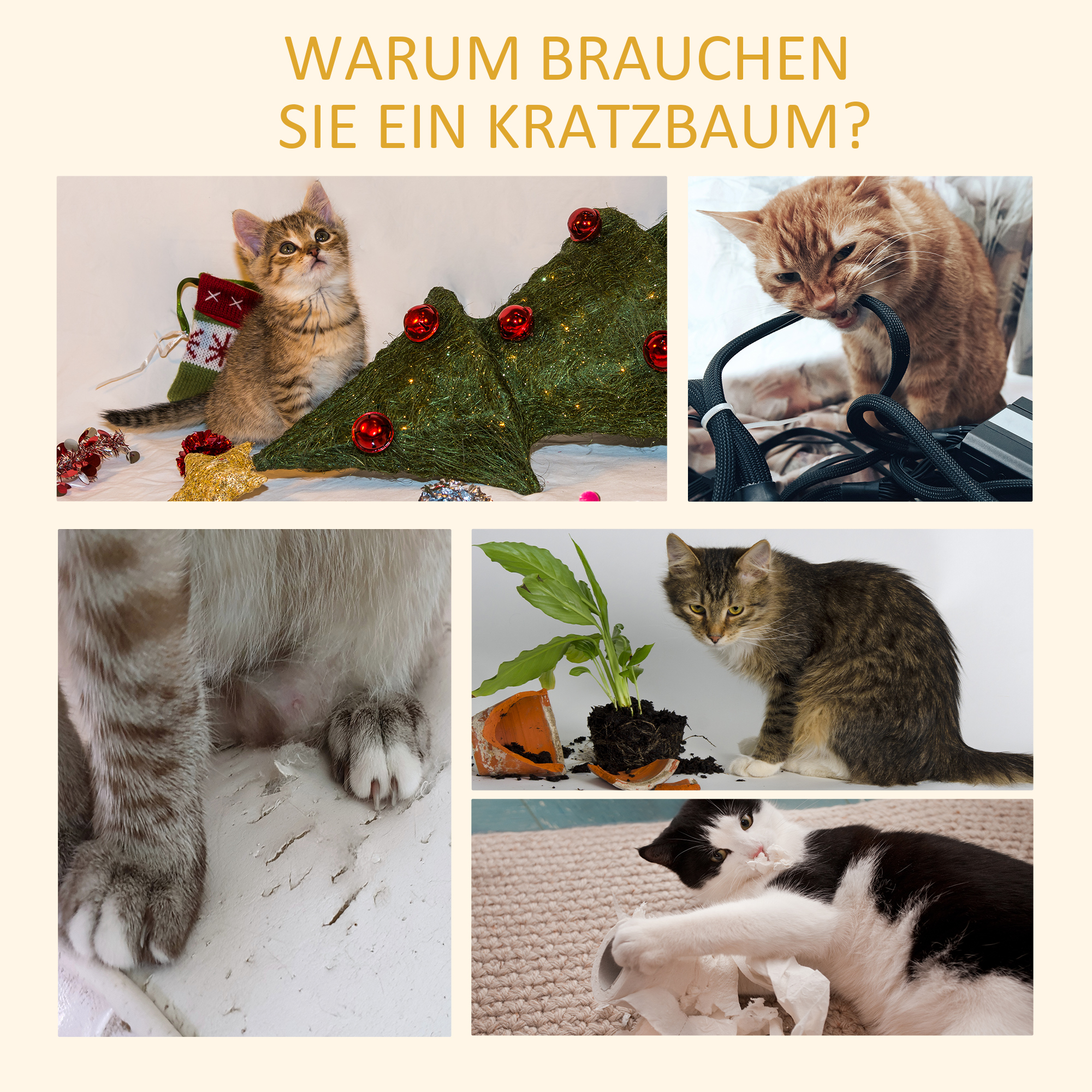 Kratzbaum Deckenhoch, 228-260 cm Höhenverstellbarer Katzenbaum Kletterbaum für Katzen mit 3 Ebenen, Katzenkratzbaum, Spielbaum vom Boden bis zur Decke Hellbraun