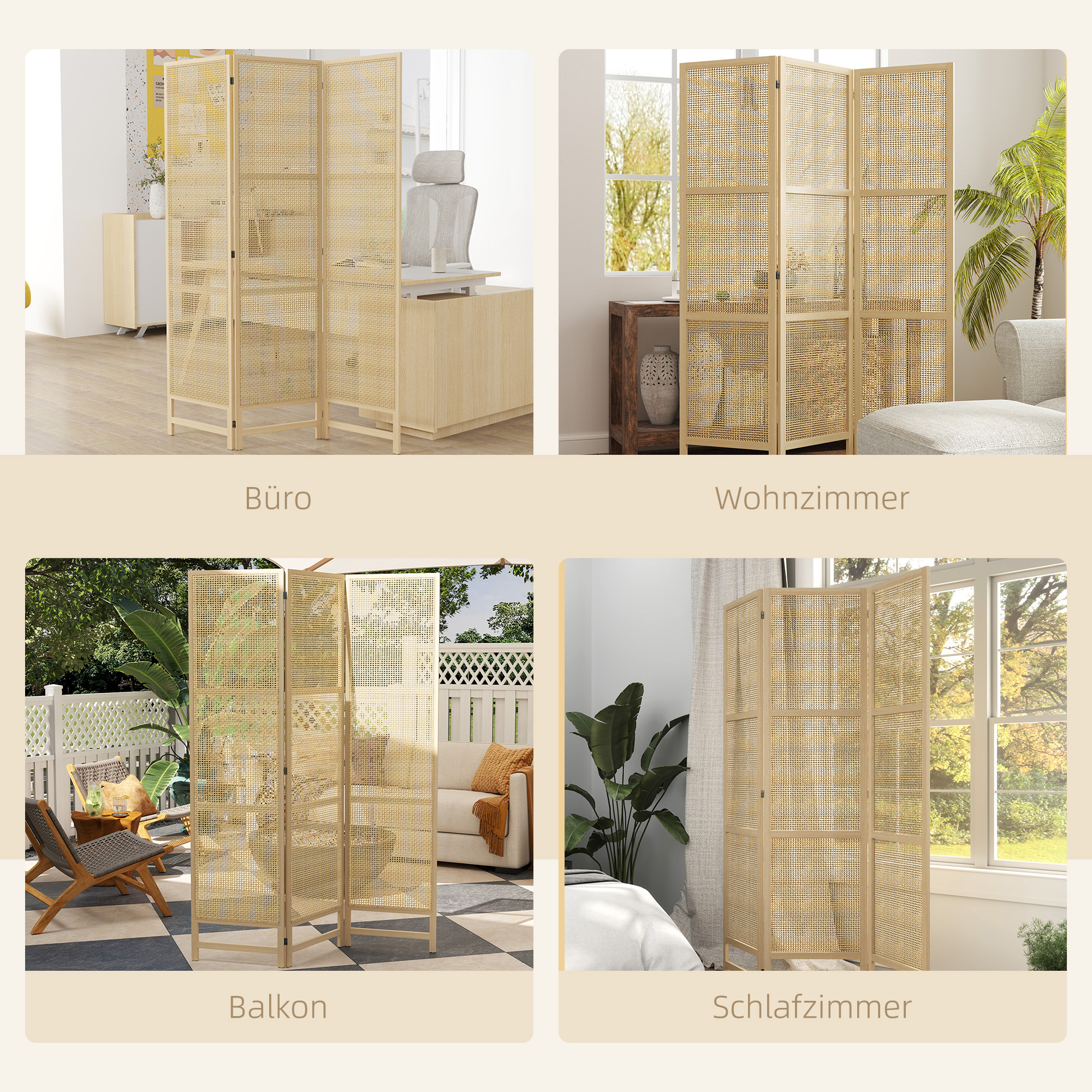 3-teiliger Raumteiler, 180 cm faltbarer Wandschirm, Freistehender Raumtrenner mit handgewebtem Design für Zuhause, Natur