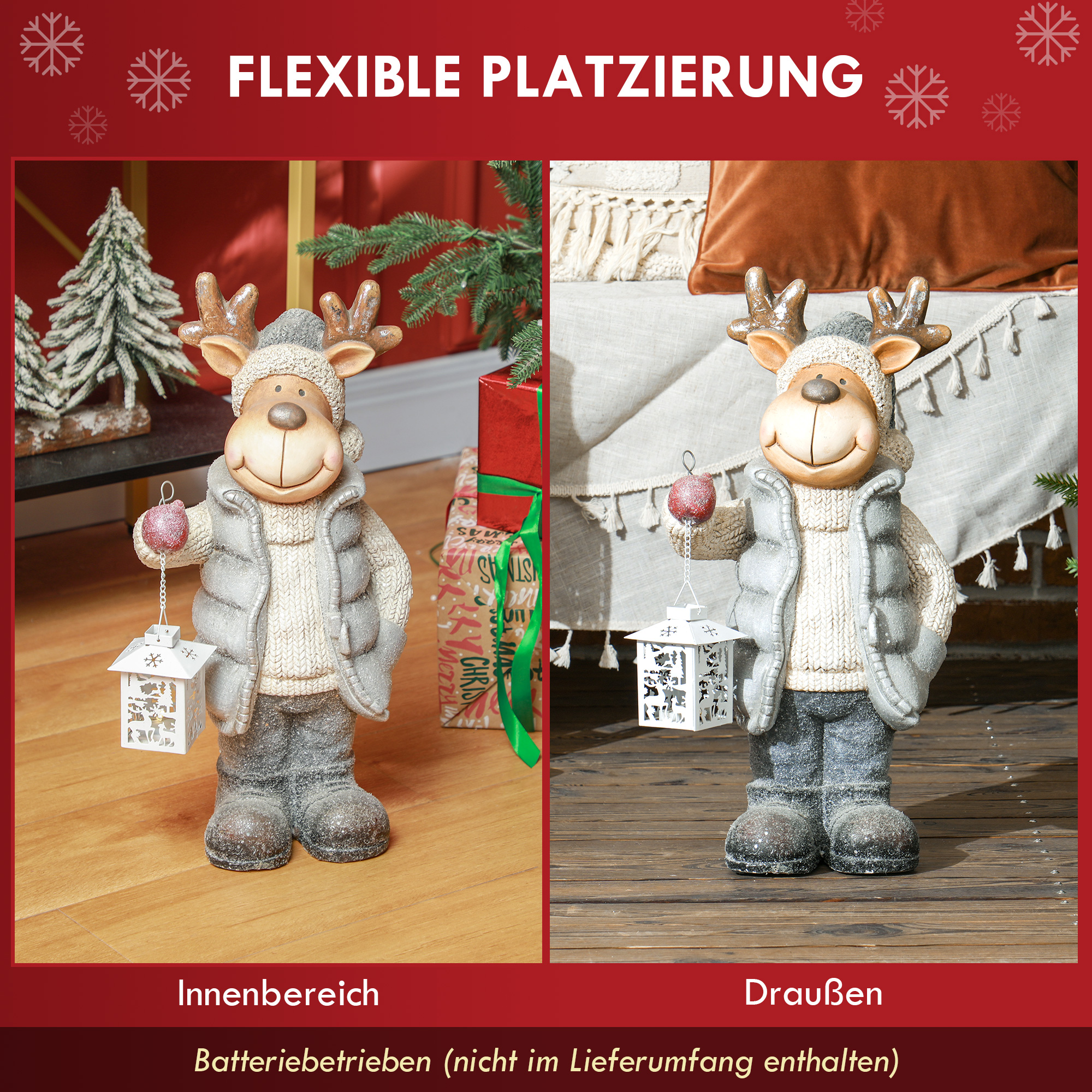 Weihnachtsdeko, Rentier mit Laterne, LED, batteriebetrieben, 25,5 x 19,5 x 52 cm