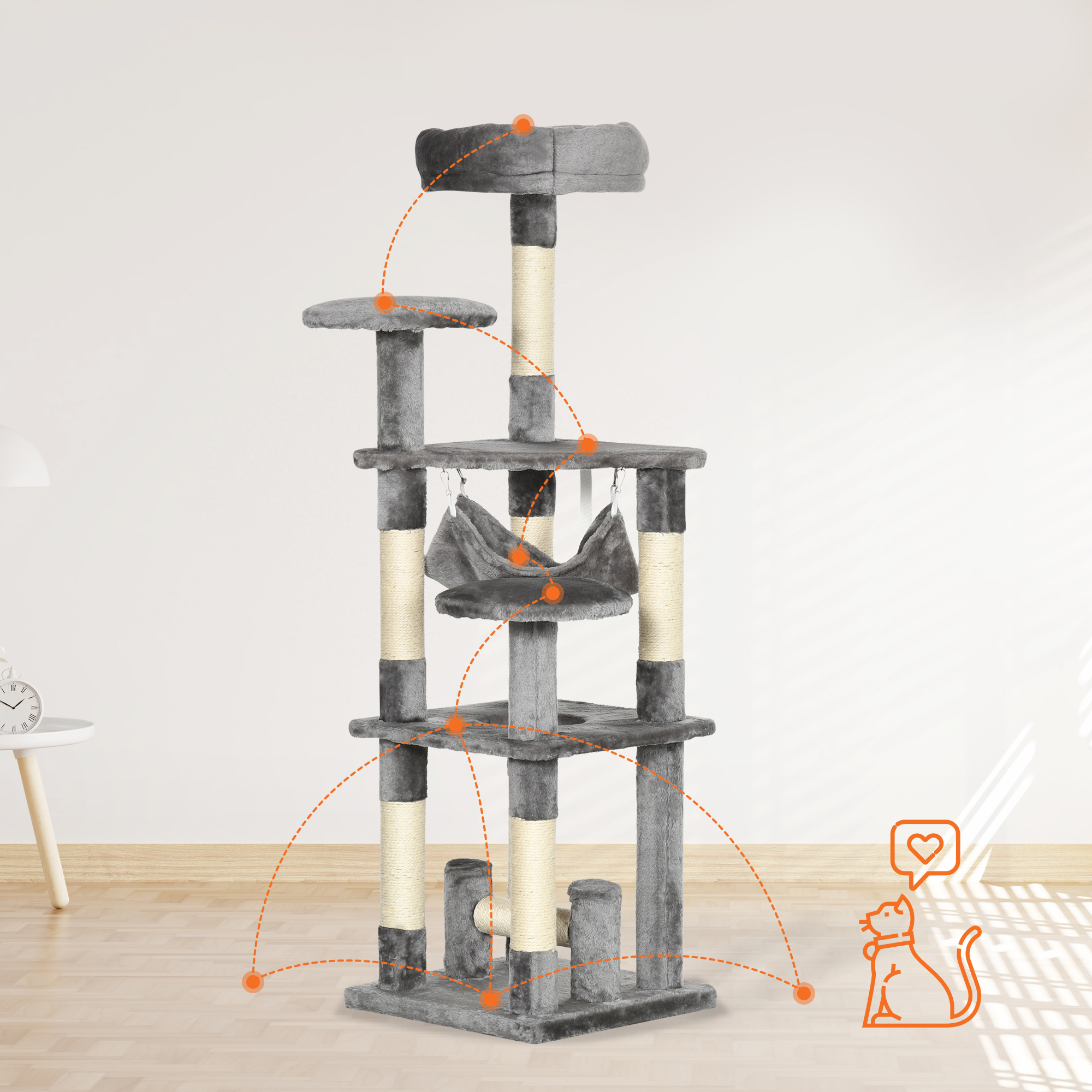 Katzenbaum Katzenkratzbaum Katzenspielturm Katzen Kletterbaum Kratzbaum Hängematte Grau L40 x B40 x H132 cm