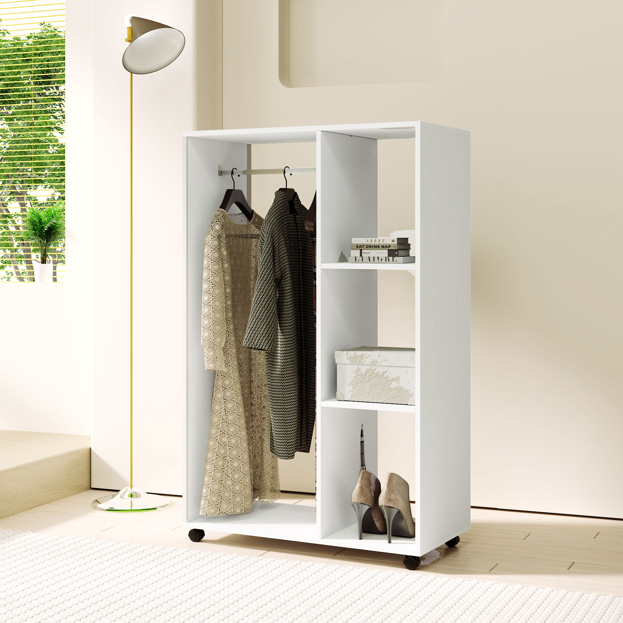 Kleiderschrank auf Rollen, mobile Garderobe, Garderobenschrank, Rollbarer Kleiderständer, 80 x 40 x 128 cm, Weiß
