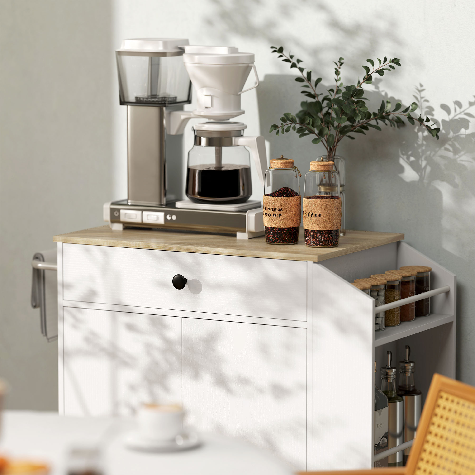 Küchenwagen mit Schublade, Schrankfach, Gewürzregal, Handtuchstange,  82 x 38 x 86,5 cm, Weiß/Eiche