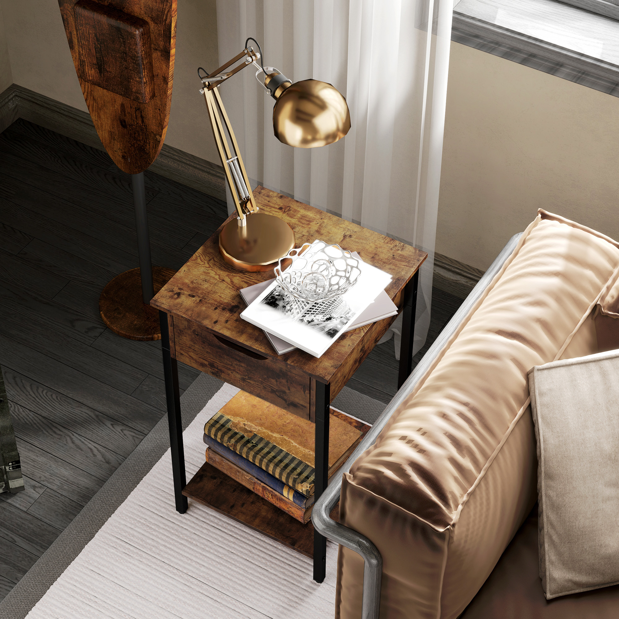 Beistelltisch im Industriestil, Schublade, Ablagefach, Metallrahmen, Holz, 40 x 40 x 68 cm, Braun