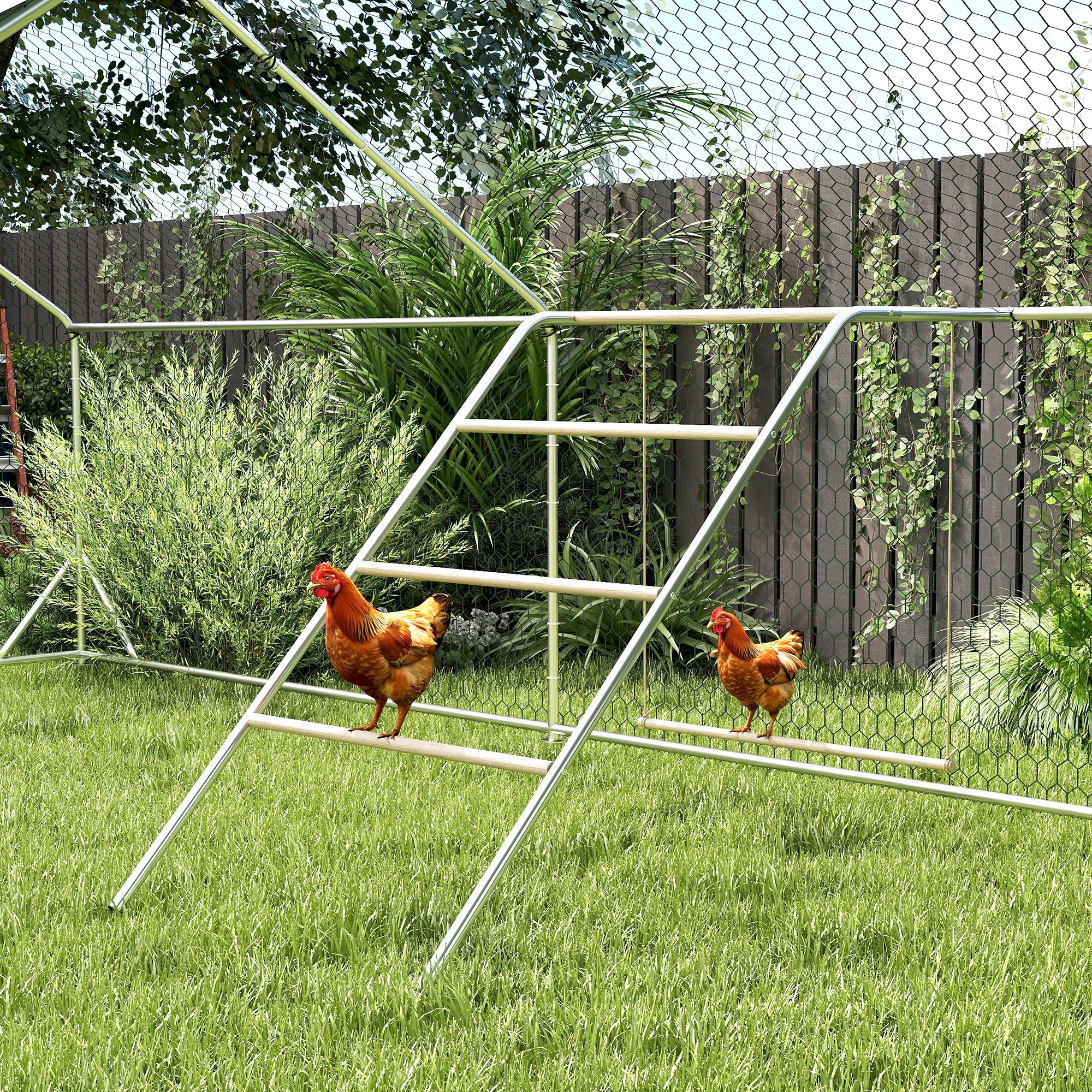 Hühner Spielgerüst aus Holz, Spielplatz für Hühnern mit Hühnerstangen, verstellbar Schaukel, 82 x 150 x 110 cm Silber