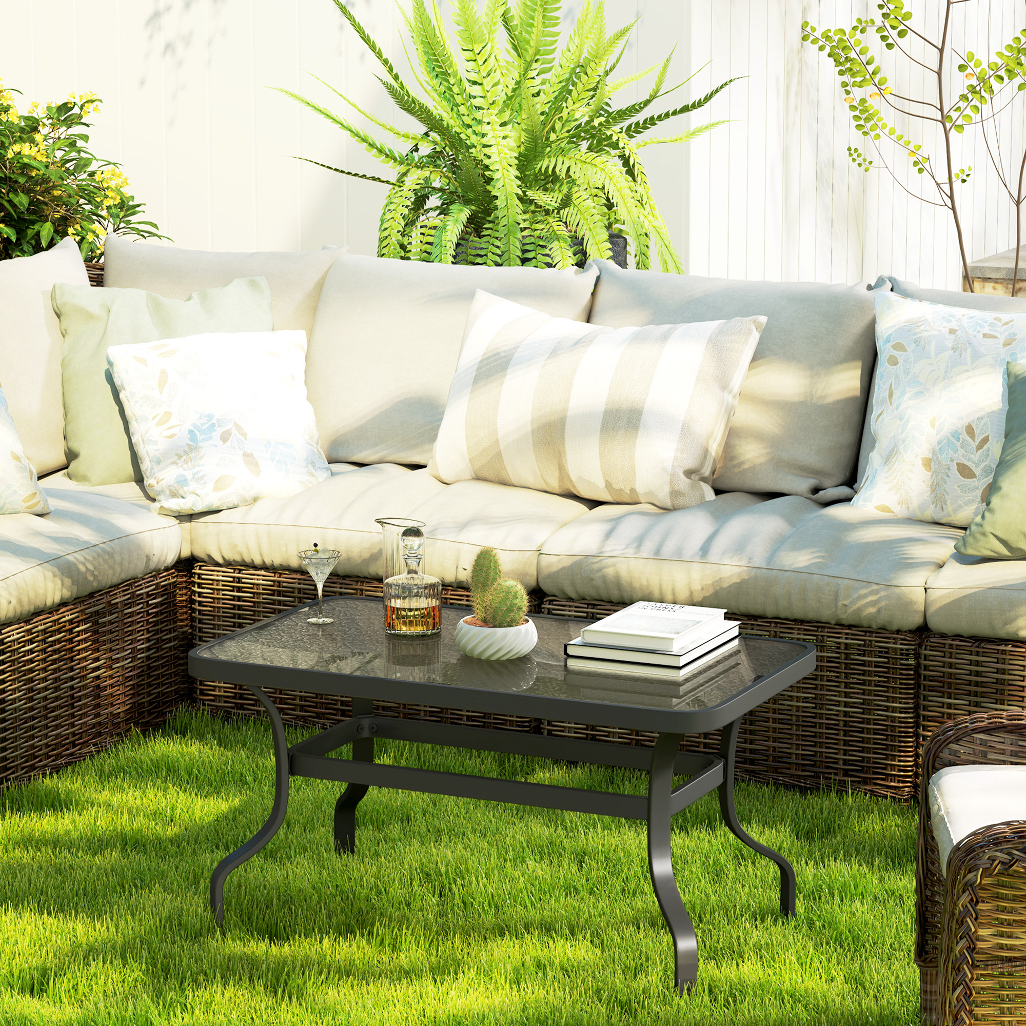 Beistelltisch Hartglas Kaffeetisch Couchtisch mit Wellendesign, Abgerundete Ecke Balkontisch 95x55 cm Schwarz