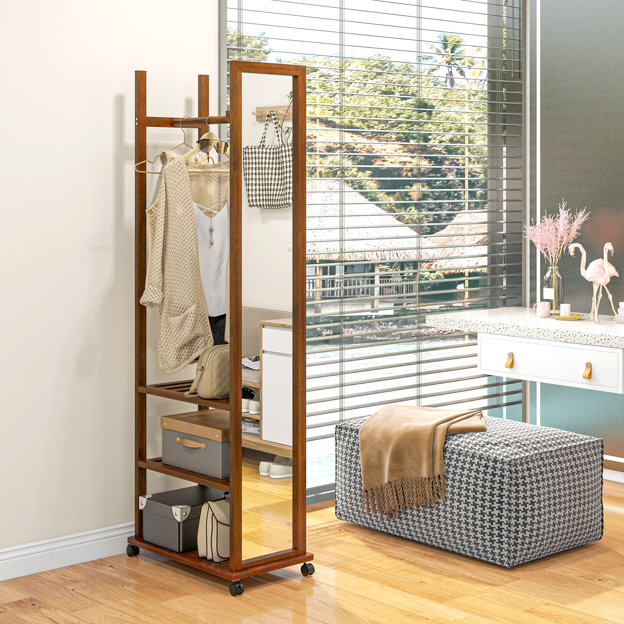 2-in-1-Spiegel Spiegel Ganzkörperspiegel Garderobe, 1 Kleiderstange, 3 Regale, 35,8 x 59,8 x 170 cm, Natur