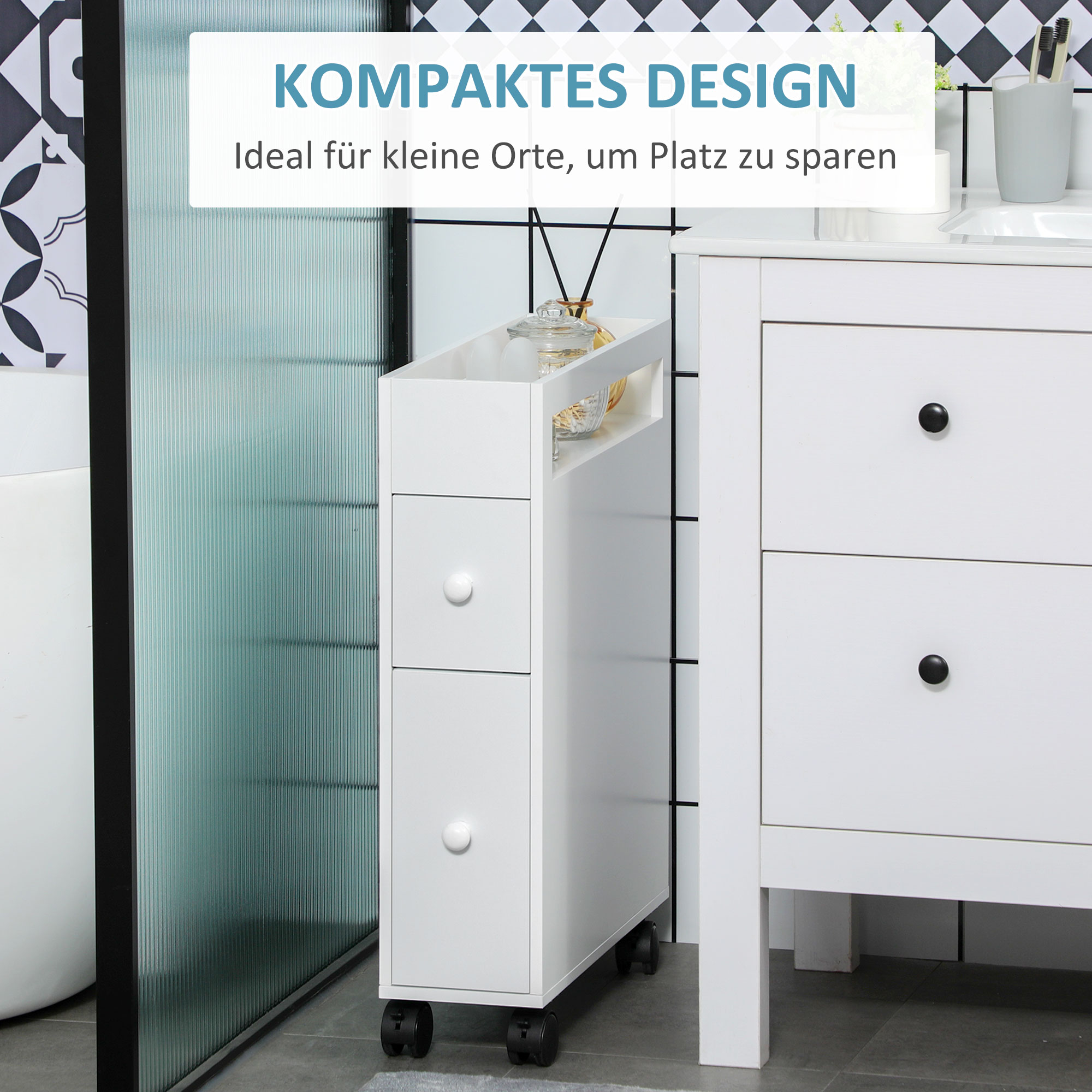 Nischenwagen Badschrank Rollschrank, schmales Design, zwei Schubladen, vier Räder, weiß, 16 x 49,5 x 66 cm