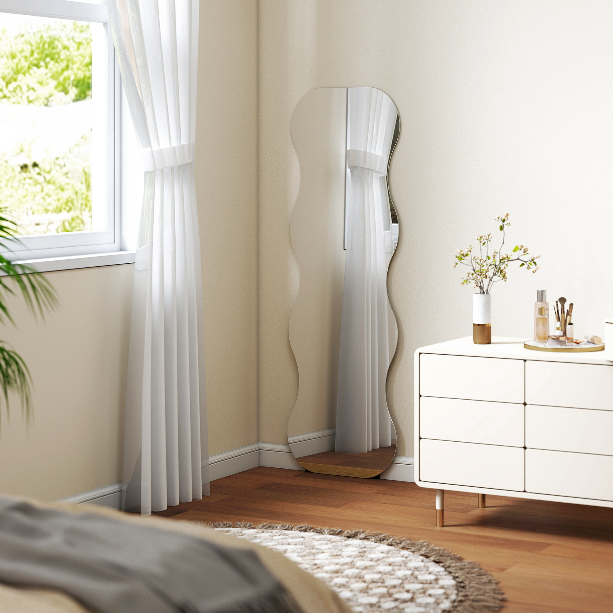 Ganzkörperspiegel ohne Rahmen, Holzbasis, flexibel platzierbar, Wellenform, Schwarz